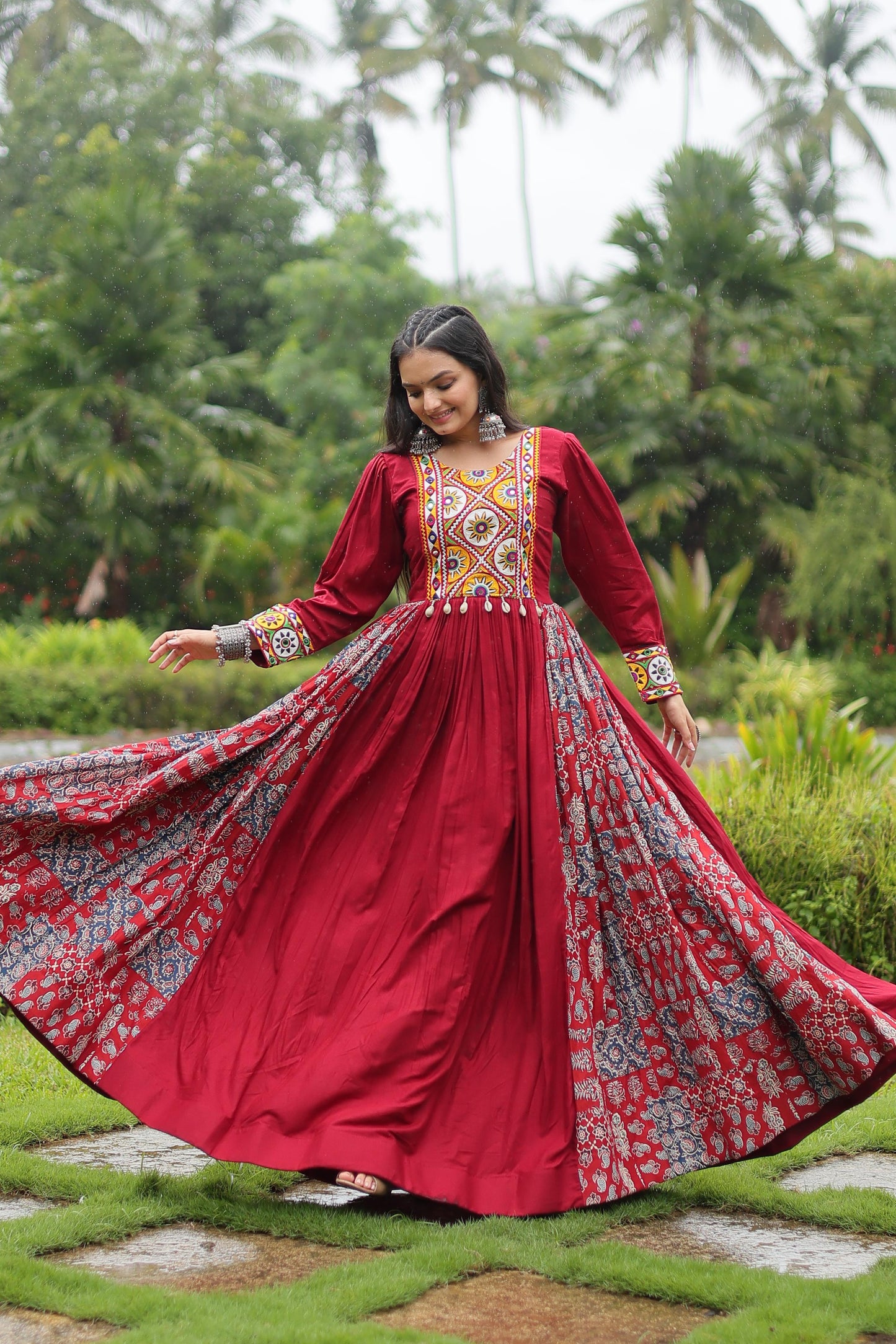 Lorenvalley Maroon Rayon Contrast of Printed with Kutchi Gamthi work Gown | Swadesiicart