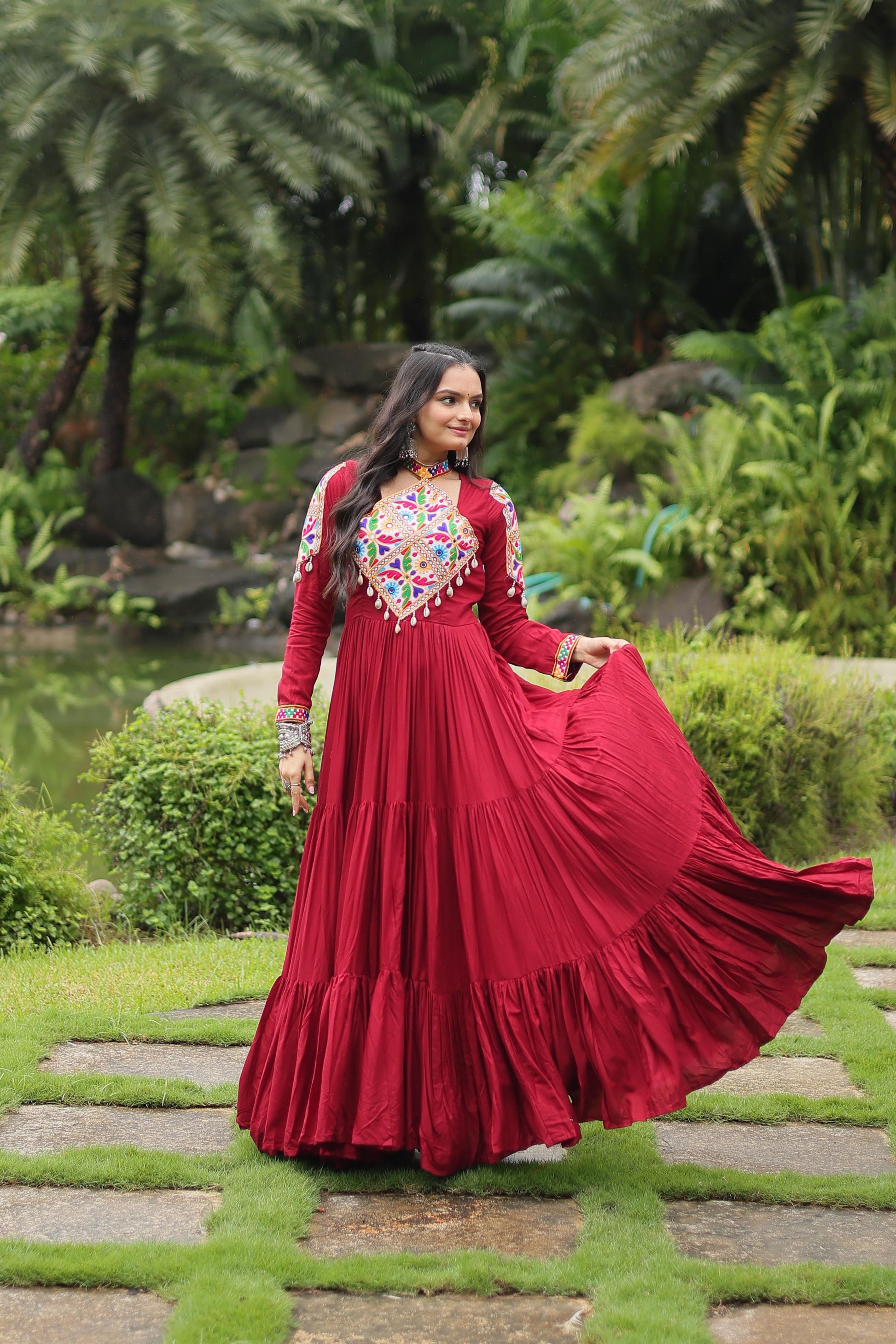 Lorenvalley Maroon Rayon Fabric with Kutchi Gamthi work Gown | Swadesiicart