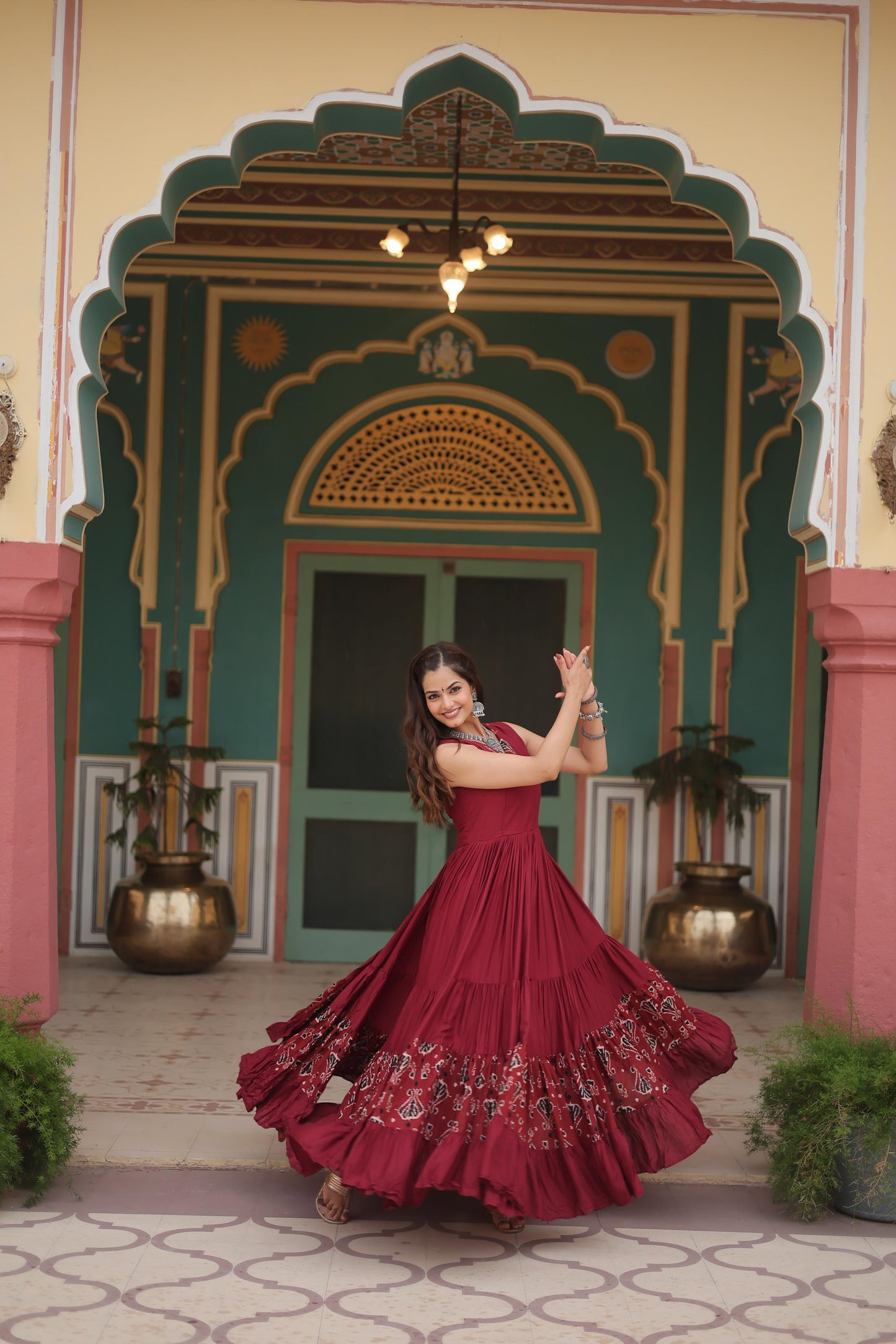 Lorenvalley Maroon Rayon Fabric with Printed Attached In Frill And Neck Gown | Swadesiicart