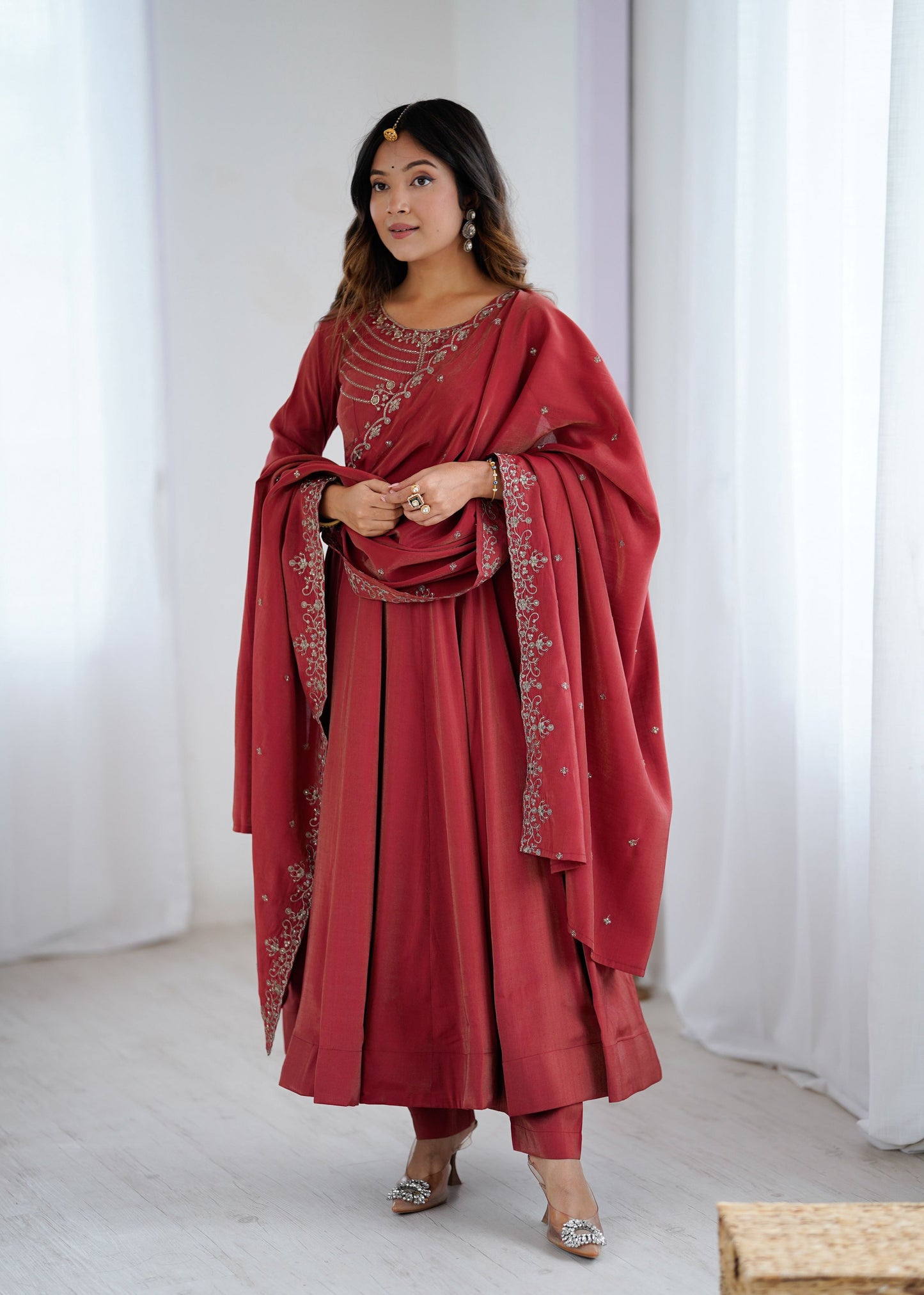 Lorenvalley Fashion Maroon Roman Shimmer Chanderi Silk Yoke Fancy Handwork Beads Work Anarkali Kurta Pant With Dupatta Set - Swadesiicart