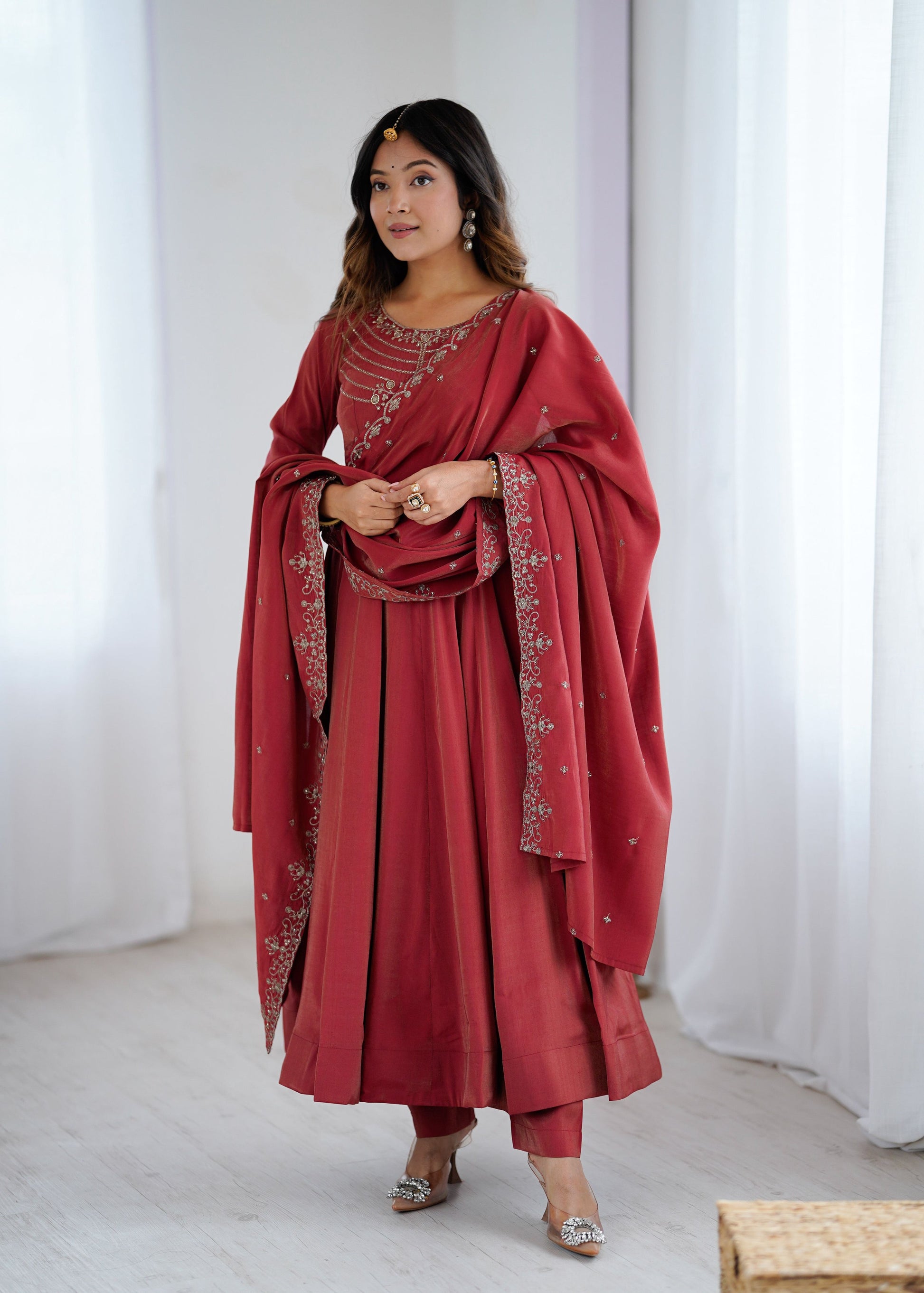Lorenvalley Fashion Maroon Roman Shimmer Chanderi Silk Yoke Fancy Handwork Beads Work Anarkali Kurta Pant With Dupatta Set - Swadesiicart