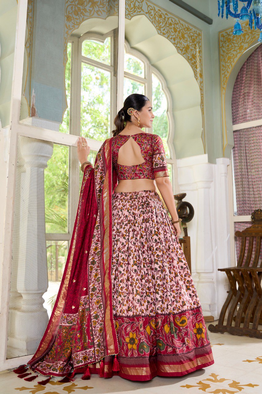 Lorenvalley Maroon Tussar Silk Floral Print with Foil Print Lehenga Choli with Dupatta | Swadesiicart