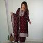 Lorenvalley Maroon Rangoli Silk Embroidery Sequence And Thread Work Kurta Trousers with Dupatta Set | Swadesiicart