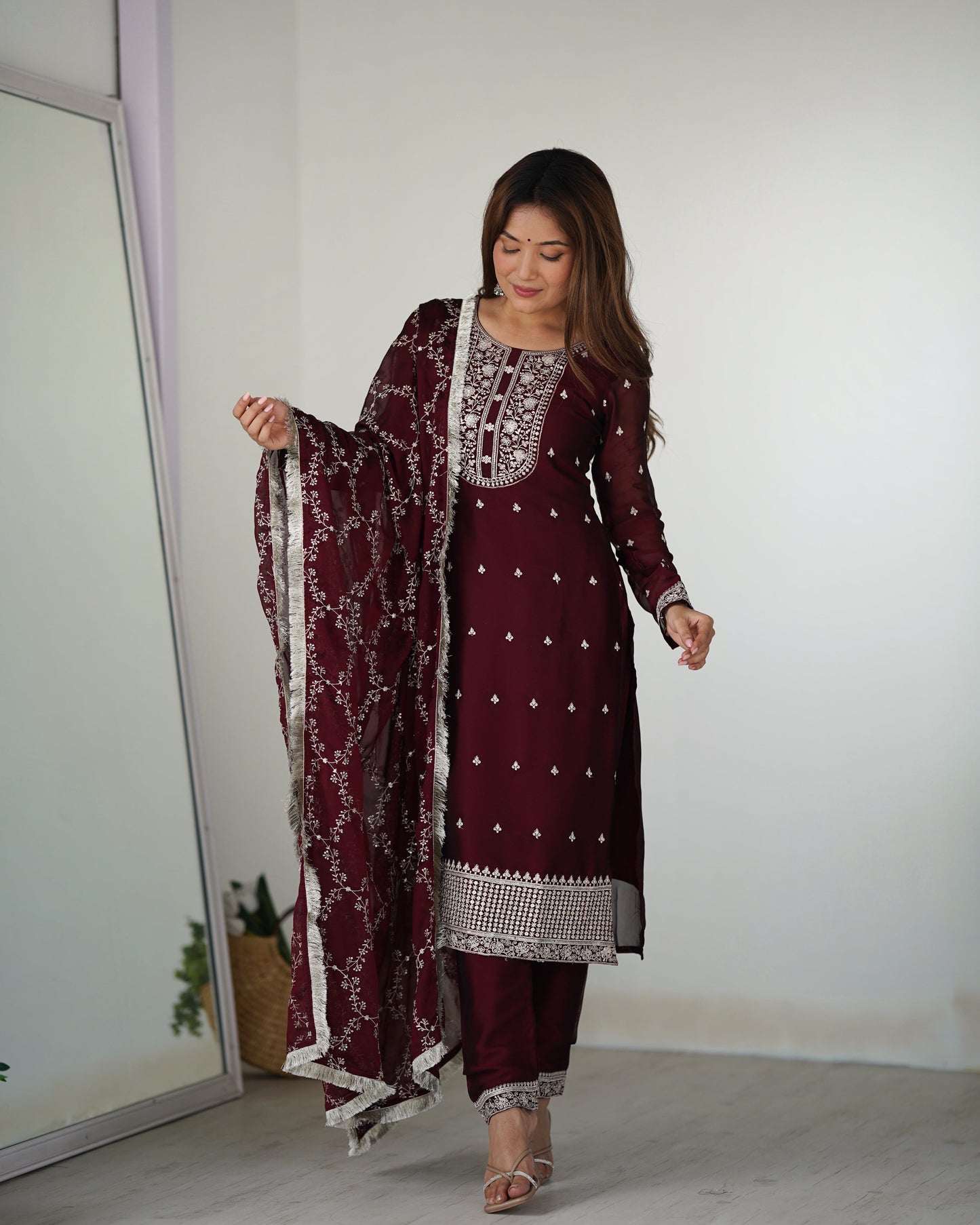 Lorenvalley Maroon Rangoli Silk Embroidery Sequence And Thread Work Kurta Trousers with Dupatta Set | Swadesiicart