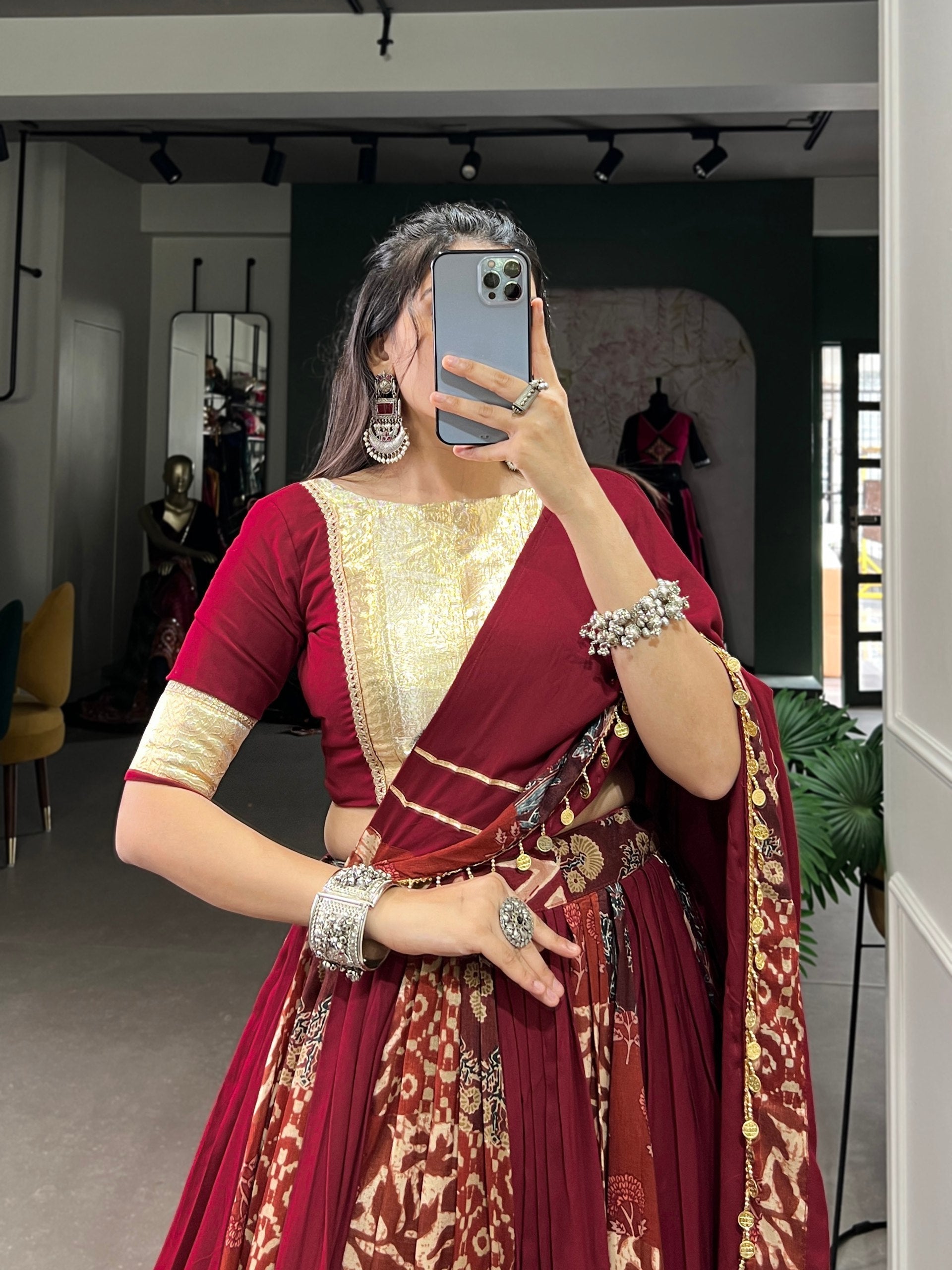 Lorenvalley Maroon Rayon and Tussar Silk Plain And Printed With Embossed Design Gota Lace Lehenga Choli with Dupatta | Swadesiicart