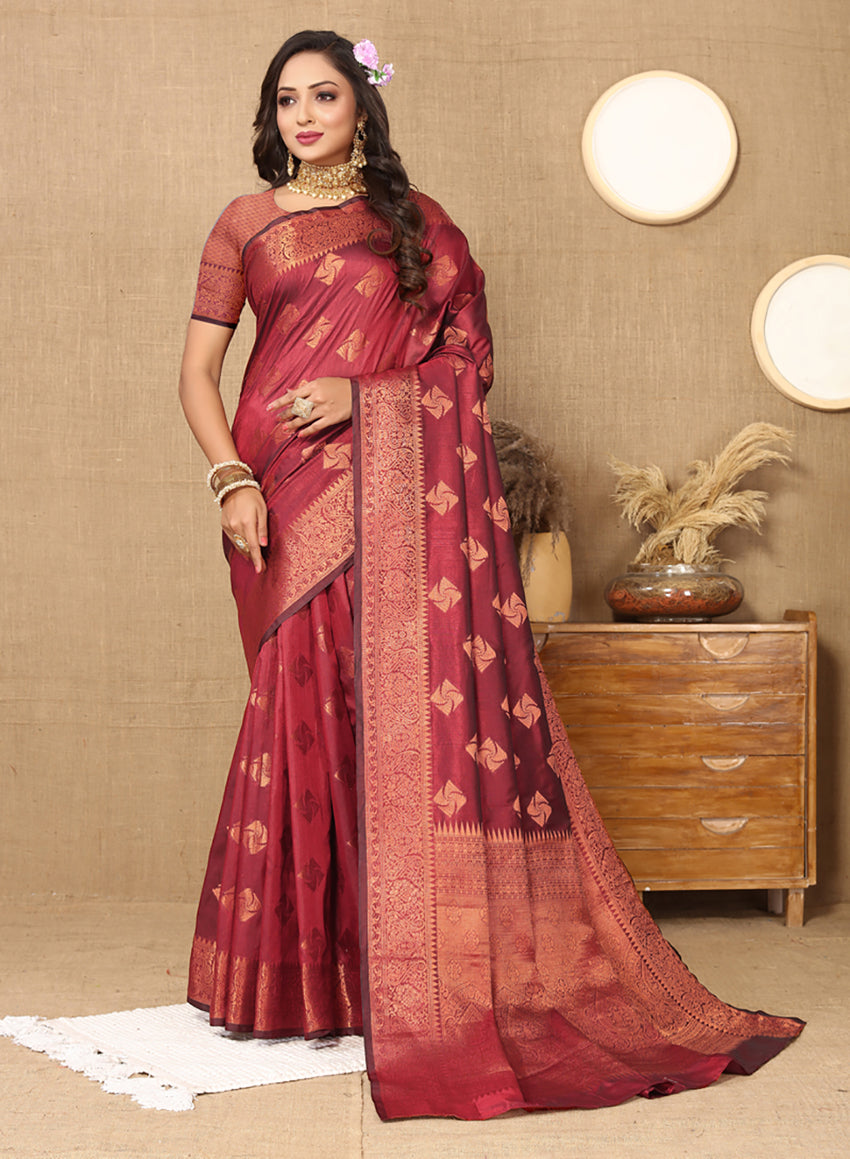 Lorenvalley Fashion Maroon Soft Katan Silk Woven Design Copper Zari Weaving Saree - Swadesiicart