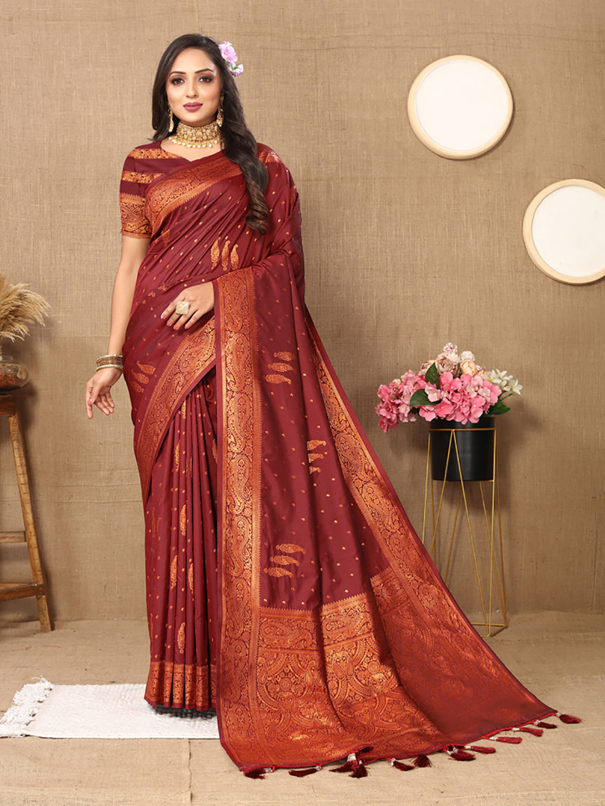 Lorenvalley Fashion Maroon Soft Silk Copper Zari weaving Design Saree - Swadesiicart