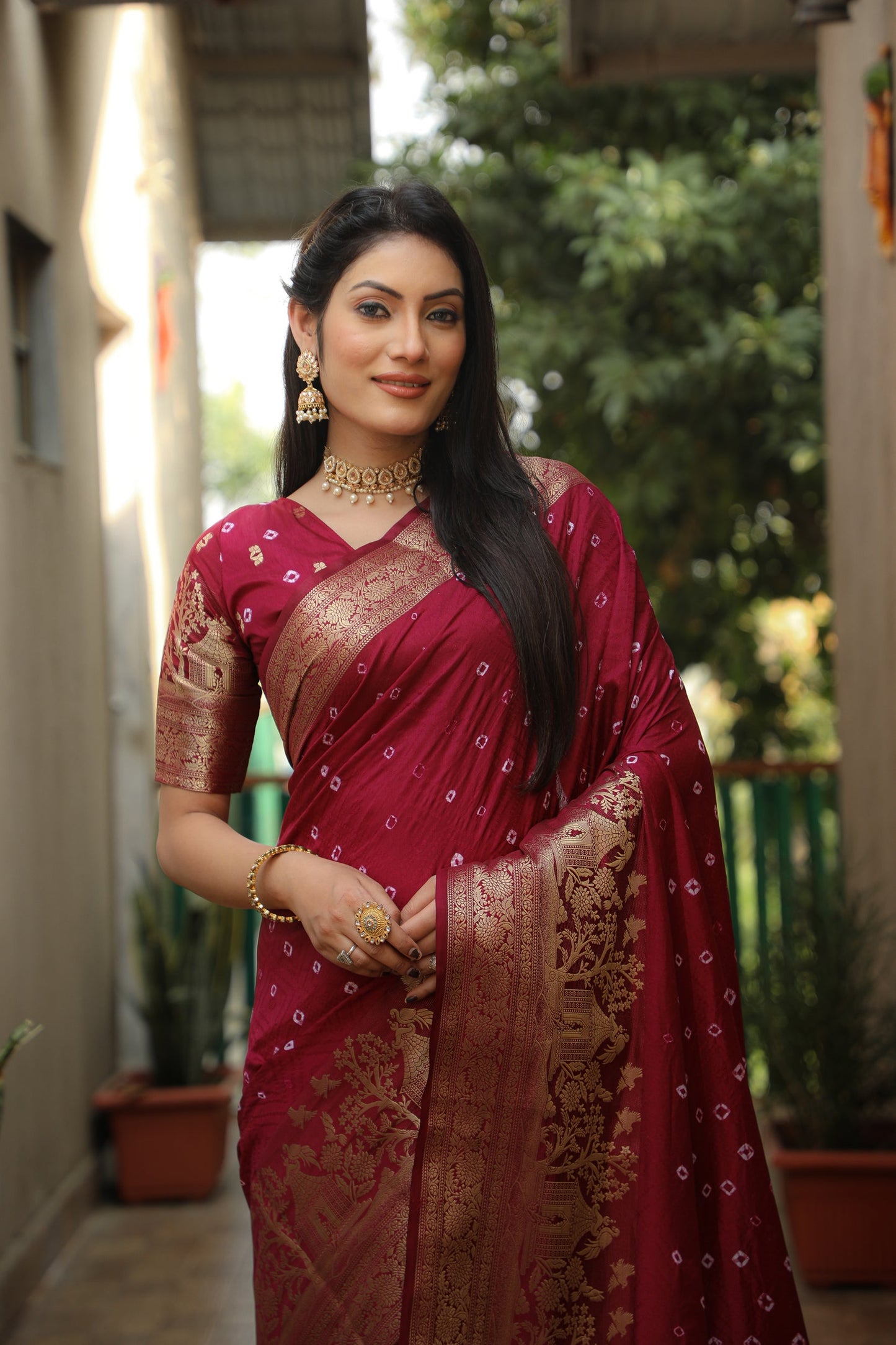 Lorenvalley Premium Pure Handmade Bandhej Kanjivaram silk saree with Zari Weaving Rich Pallu saree - Maroon - Swadesiicart