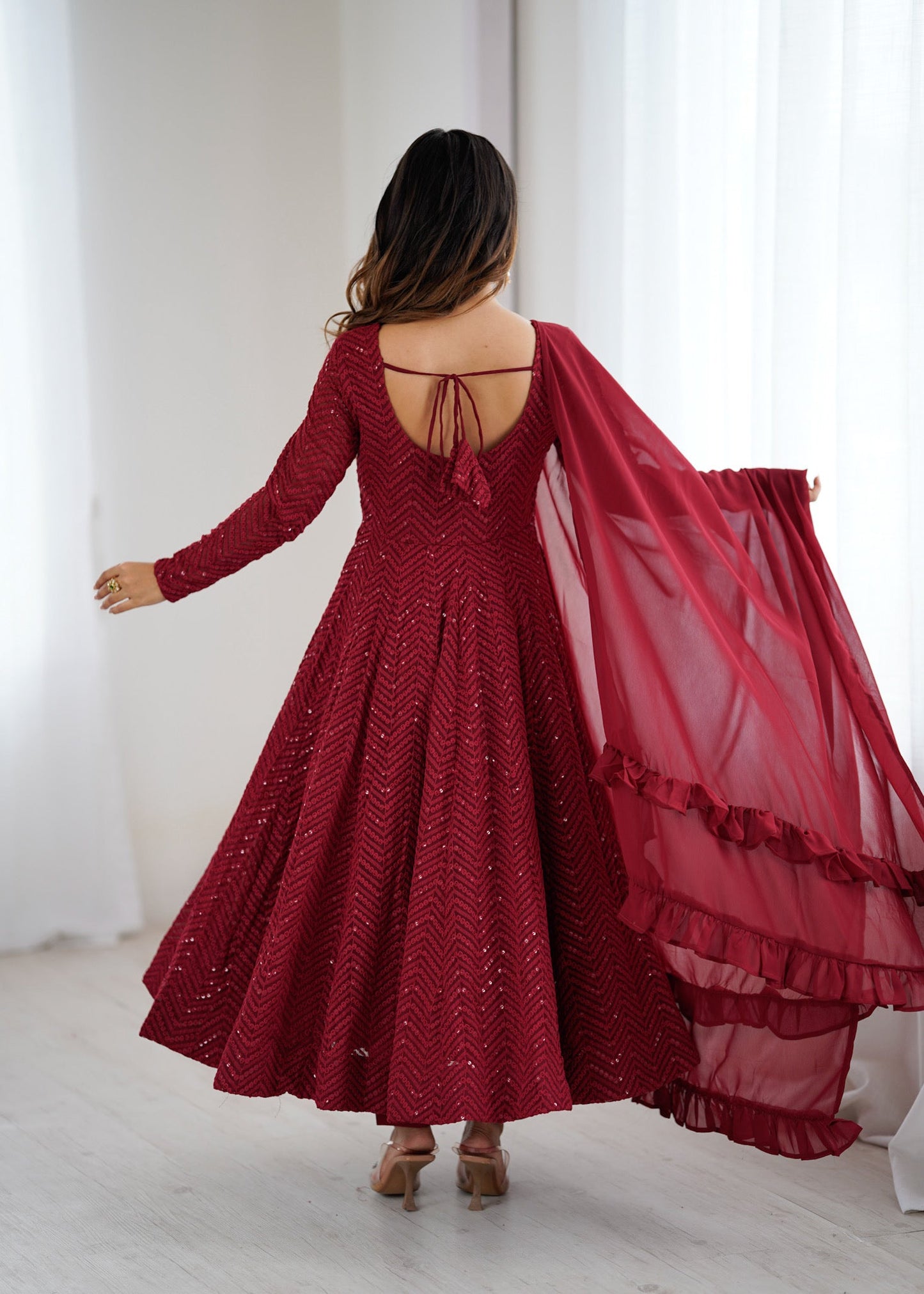 Lorenvalley Fashion Maroon Faux Georgette Lukhnowi Sequence Work Anarkali Kurta Pant With Dupatta Set - Swadesiicart