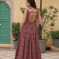 Lorenvalley Maroon Printed Cotton With Kutchi Gamthi Work and Kodi Lace Gown | Swadesiicart