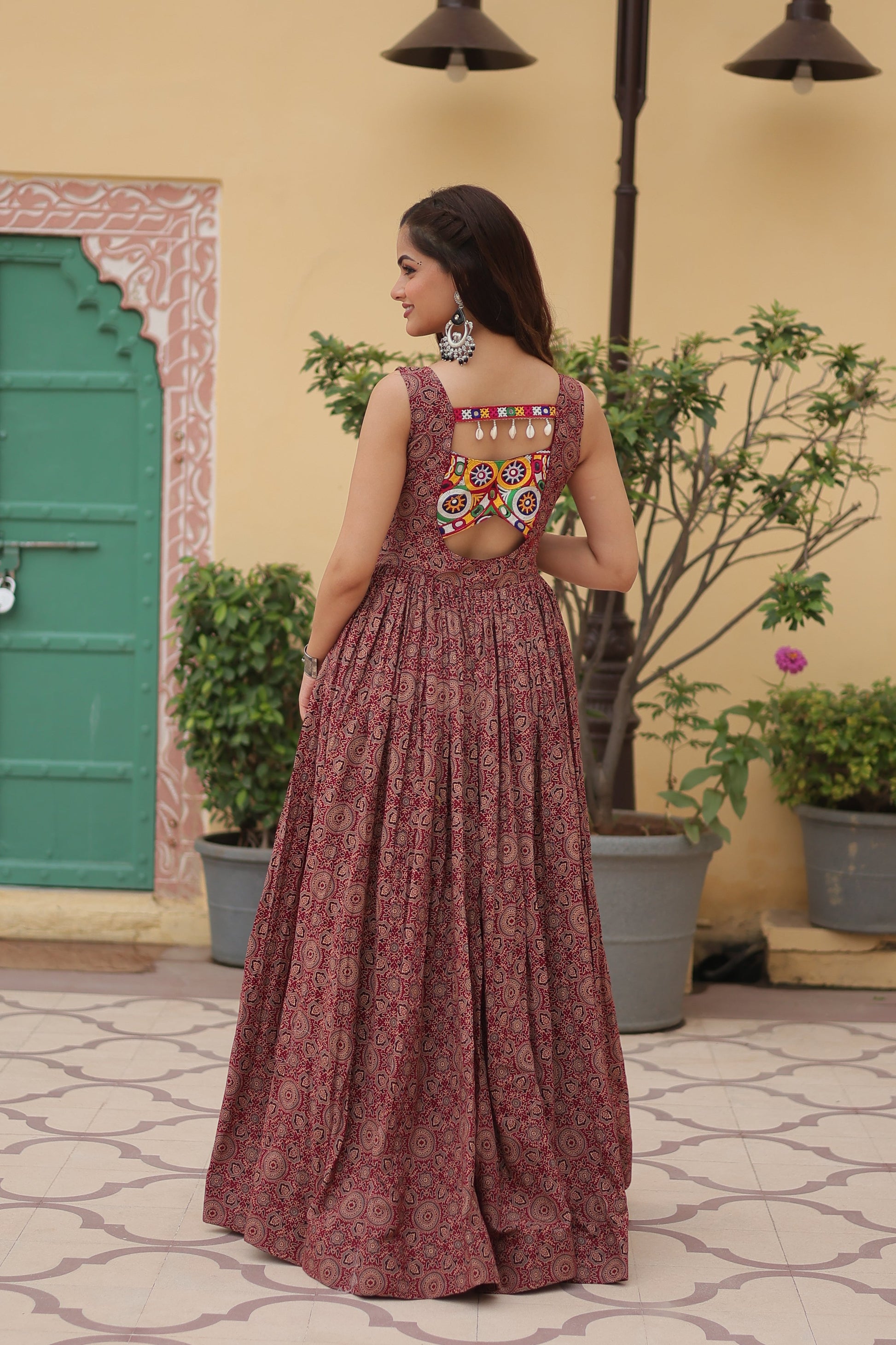 Lorenvalley Maroon Printed Cotton With Kutchi Gamthi Work and Kodi Lace Gown | Swadesiicart