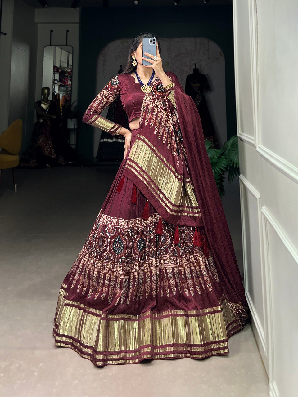 Lorenvalley Maroon Gaji Silk Digital Print With Lagadi Patta Lehenga Choli with Dupatta | Swadesiicart