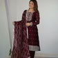 Lorenvalley Maroon Rangoli Silk Embroidery Sequence And Thread Work Kurta Trousers with Dupatta Set | Swadesiicart