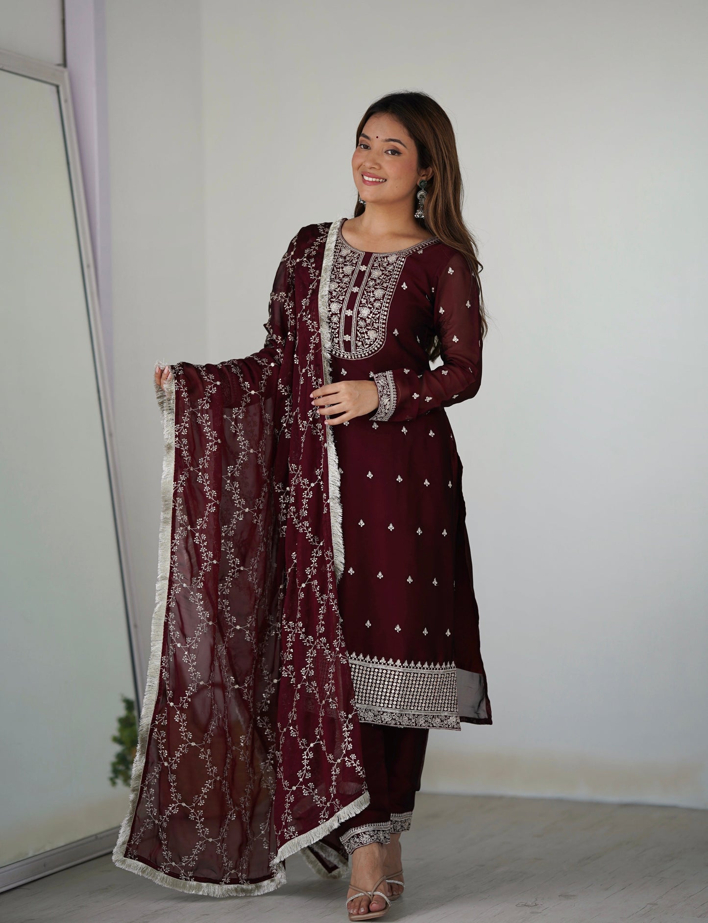 Lorenvalley Maroon Rangoli Silk Embroidery Sequence And Thread Work Kurta Trousers with Dupatta Set | Swadesiicart