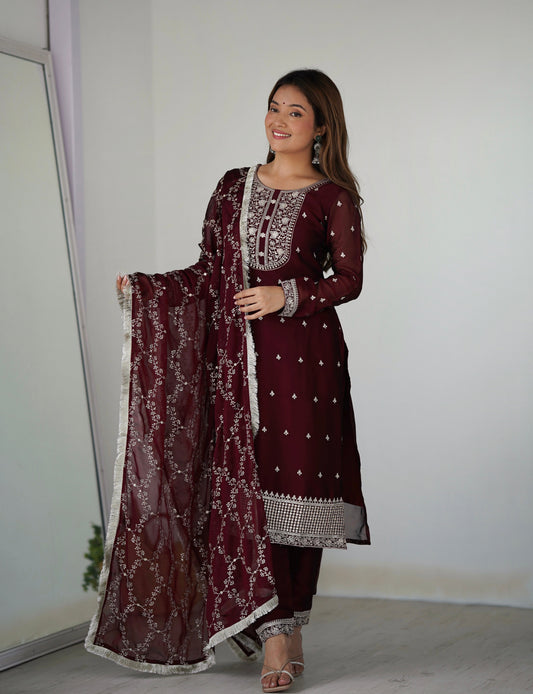 Lorenvalley Maroon Rangoli Silk Embroidery Sequence And Thread Work Kurta Trousers with Dupatta Set | Swadesiicart