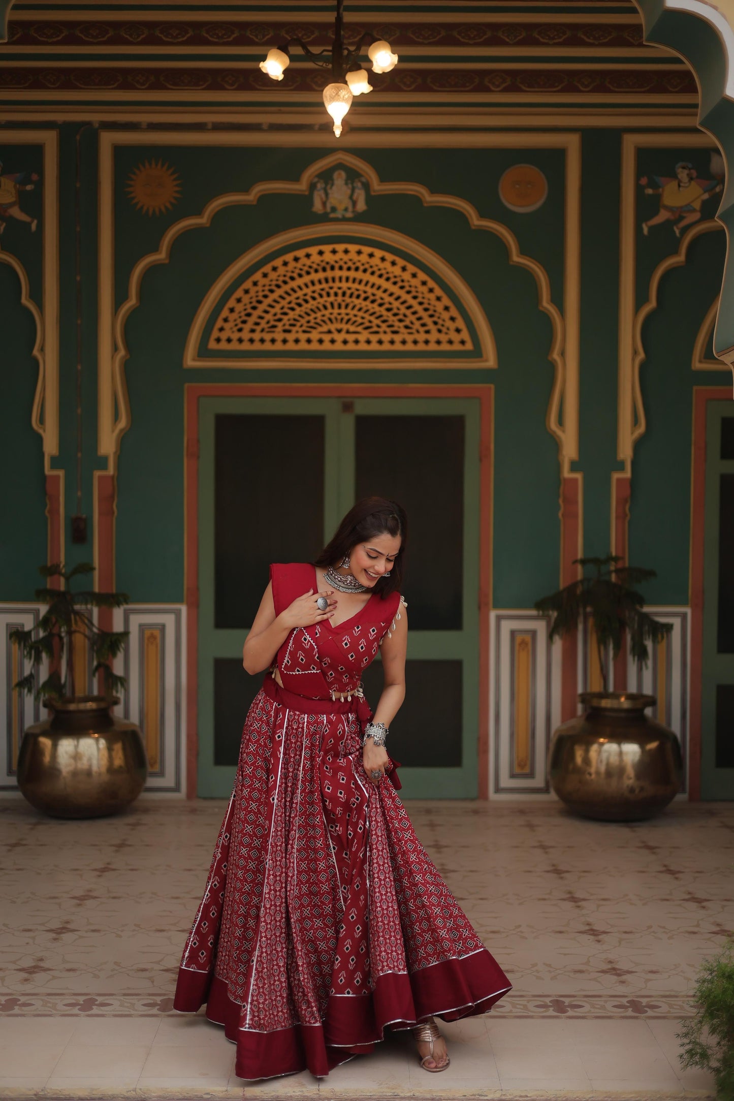 Lorenvalley Maroon Rayon Gota Patti Lace Printed Kali Pattern Lehenga Choli with Dupatta | Swadesiicart