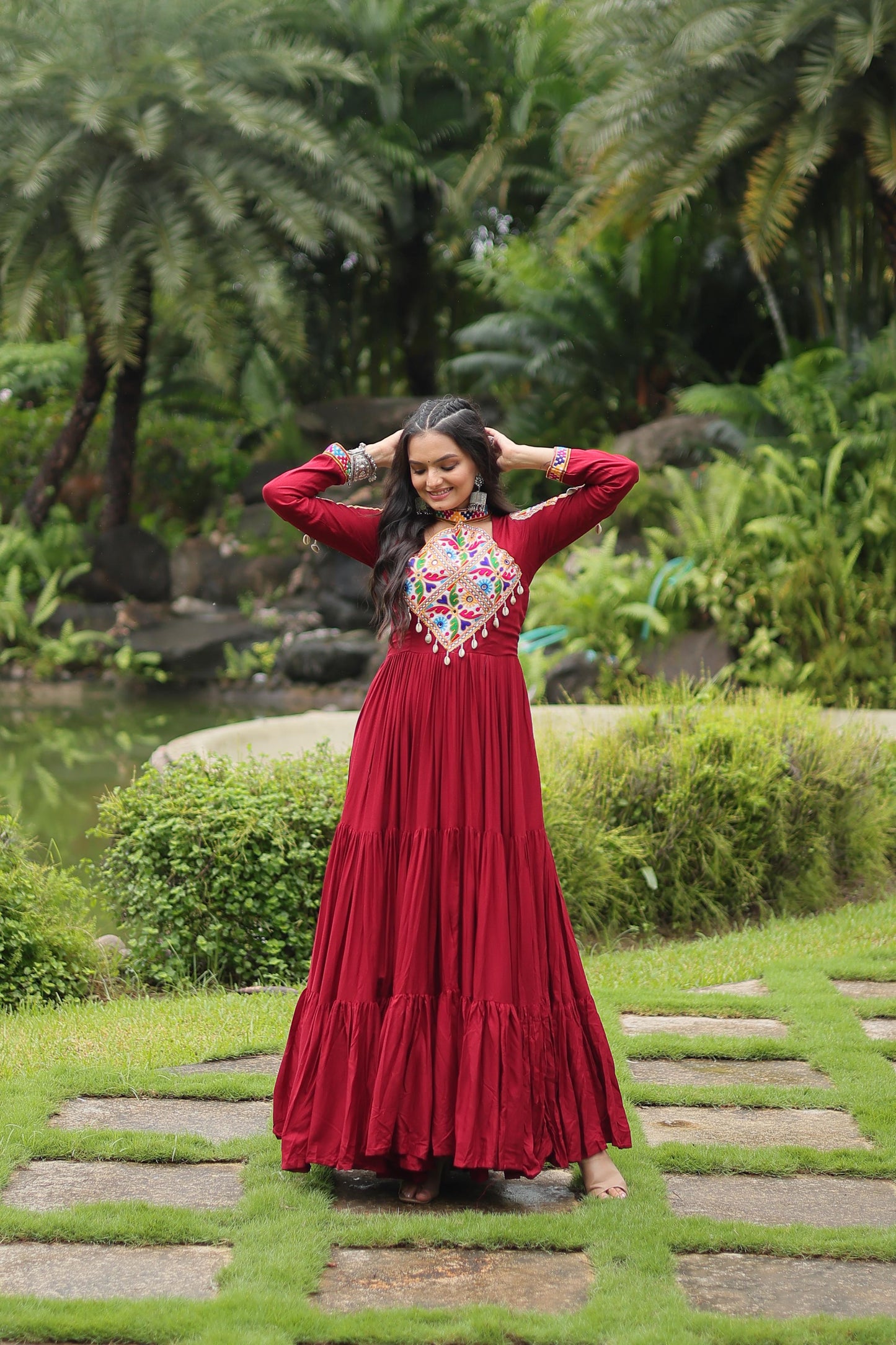 Lorenvalley Maroon Rayon Fabric with Kutchi Gamthi work Gown | Swadesiicart
