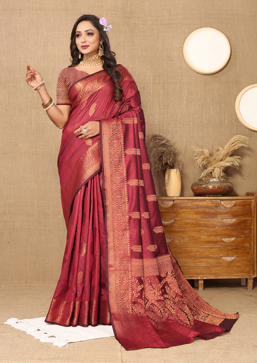 Lorenvalley Fashion Maroon Soft Katan Silk Woven Design Copper Zari Weaving Saree - Swadesiicart