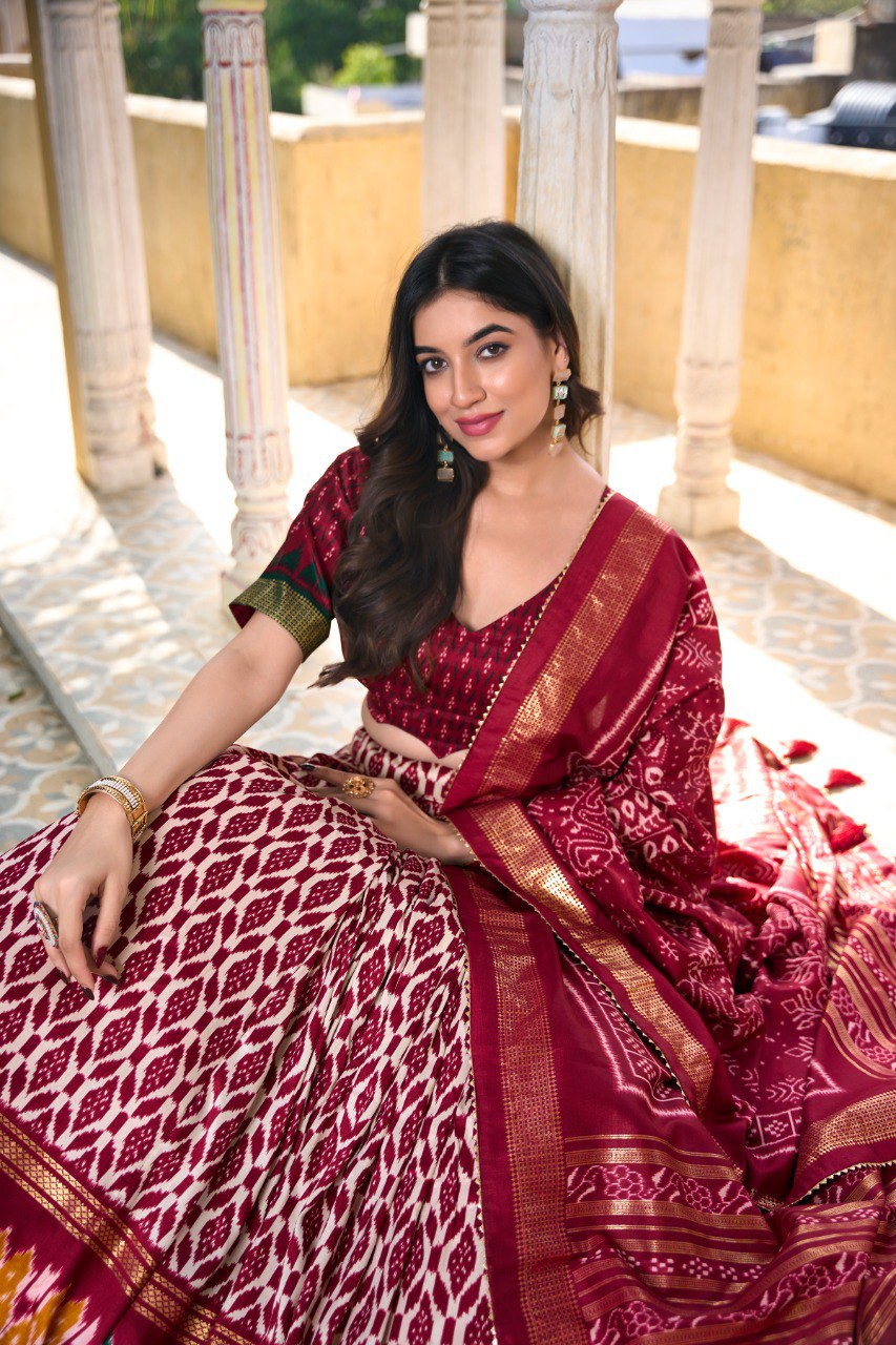 Lorenvalley Maroon Tussar Silk Ikkat Print With Foil Work Lehenga Choli with Dupatta | Swadesiicart