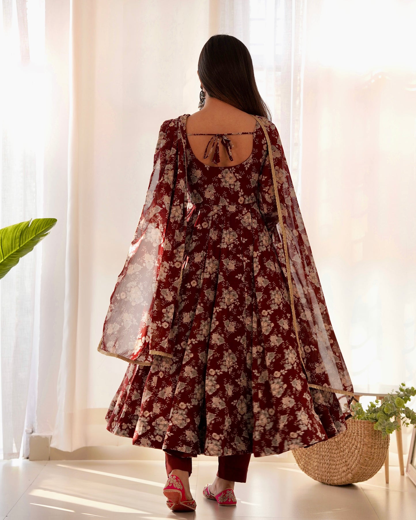 Lorenvalley Pure Faux Georgette Multi Floral Print Fully Flared Anarkali Pant With Dupatta Set - Maroon | Swadesiicart