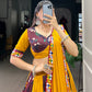 Lorenvalley Rayon with Yellow and Wine Printed Silk Original Mirror Gamthi Work and Embossed Design Gota Lehenga Choli with Dupatta | Swadesiicart