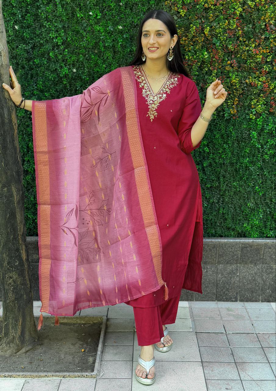 Lorenvalley Fashion Maroon Roman Silk Hand Work Kurta Pant with Dupatta - Swadesiicart