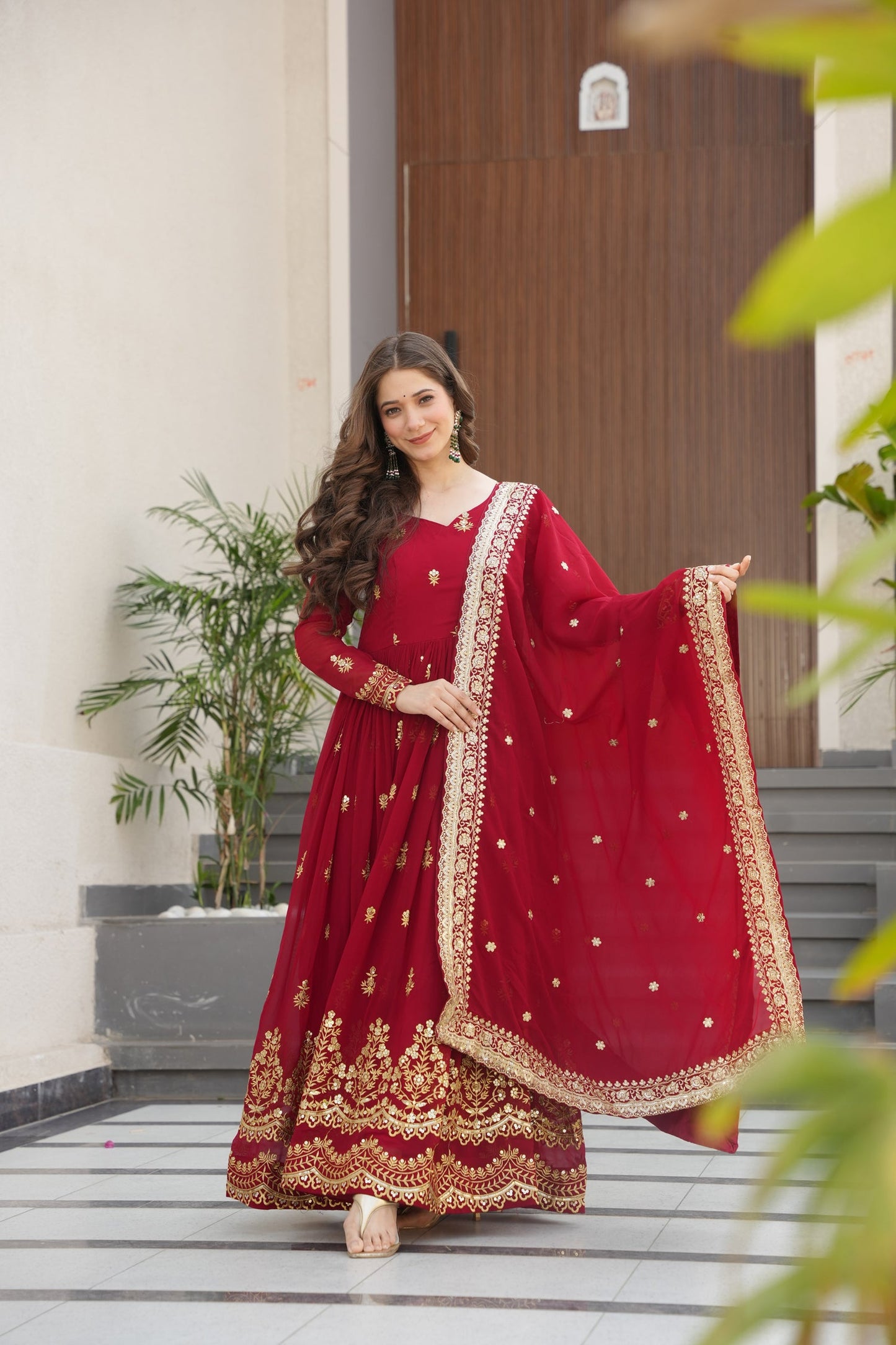 Lorenvalley Fashion Maroon Faux Georgette with Zari & Sequins Embroidered Work Anarkali Gown with Dupatta - Swadesiicart