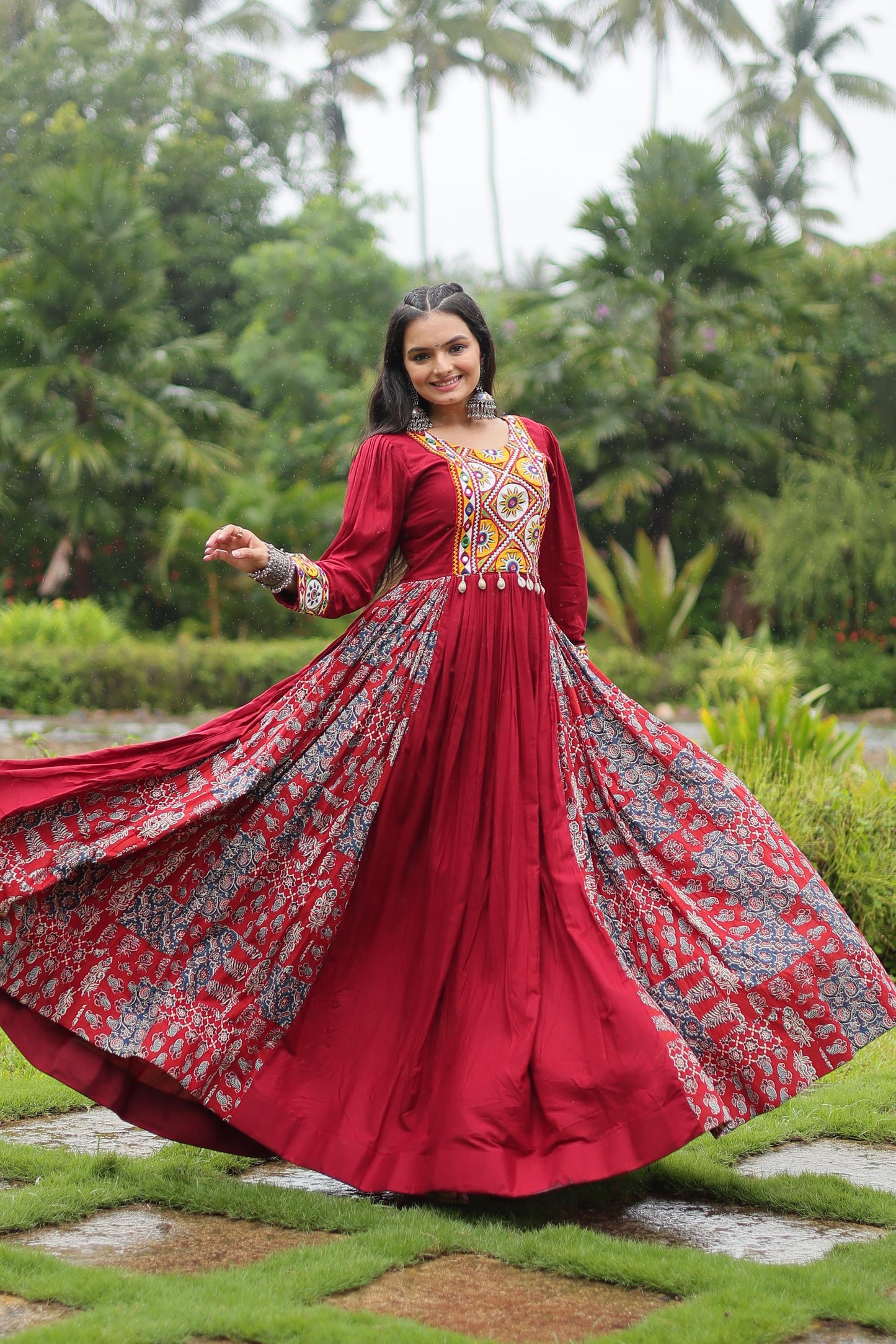 Lorenvalley Maroon Rayon Contrast of Printed with Kutchi Gamthi work Gown | Swadesiicart