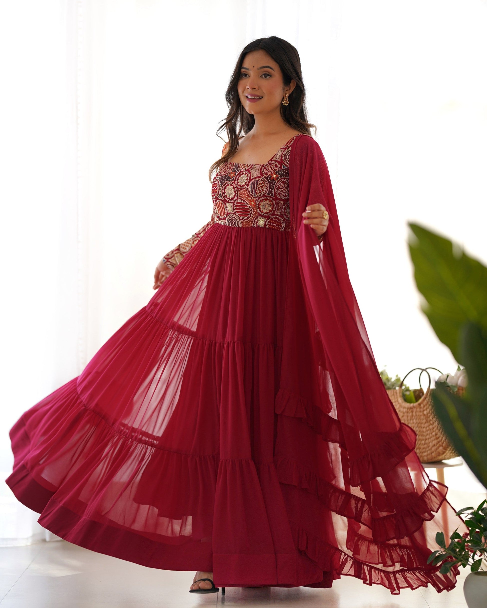 Lorenvalley Fashion Maroon Faux Georgette Embroidery 9 Needle Thread Work Anarkali Pant with Dupatta - Swadesiicart