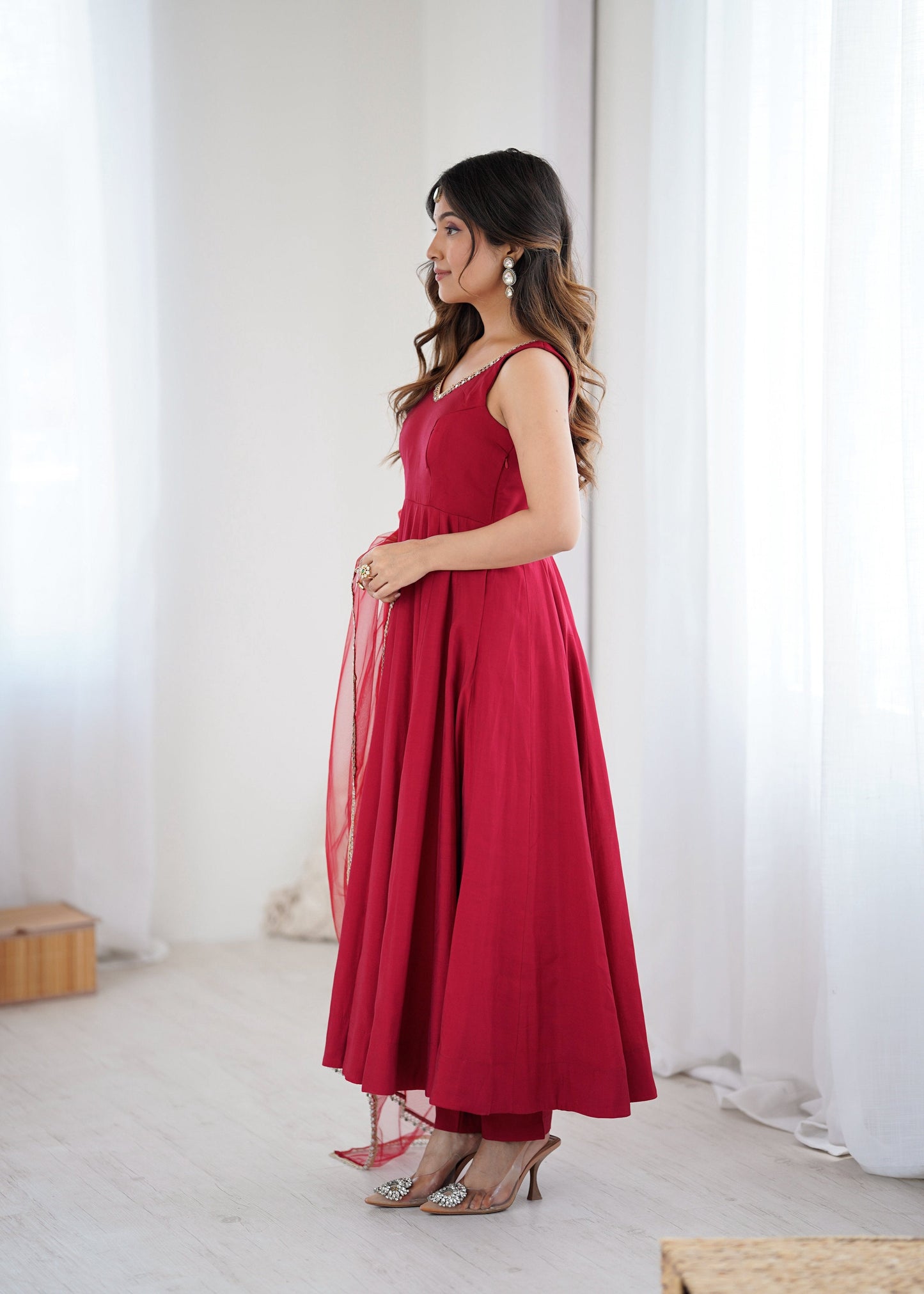 Lorenvalley Fashion Maroon Pure Romansilk Chanderi Fabric Yoke Fancy Lace Work Anarkali Kurta Pant With Dupatta Set - Swadesiicart
