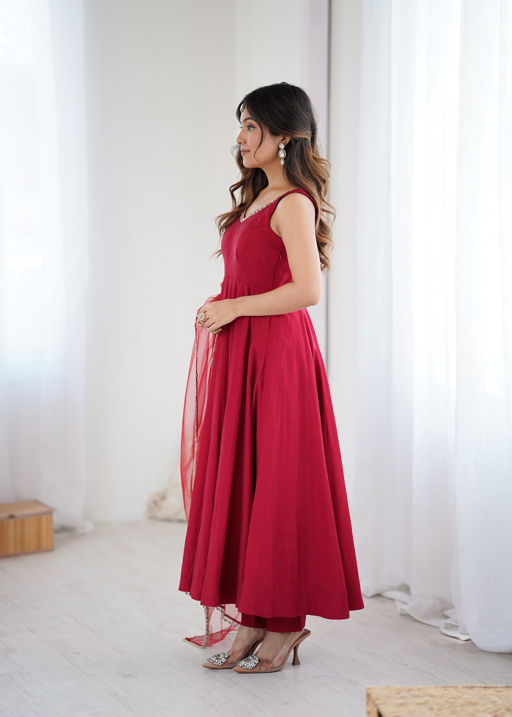 Lorenvalley Fashion Maroon Pure Romansilk Chanderi Fabric Yoke Fancy Lace Work Anarkali Kurta Pant With Dupatta Set - Swadesiicart