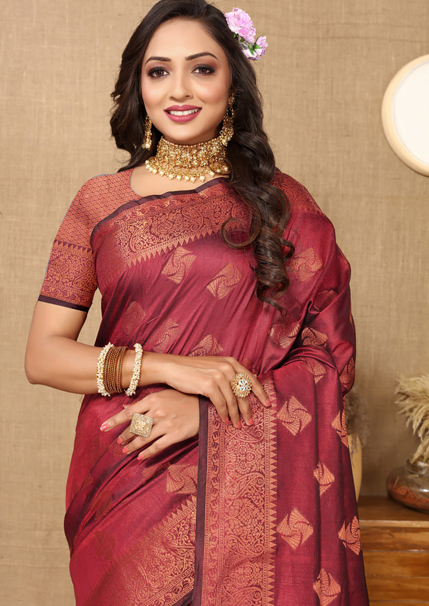 Lorenvalley Fashion Maroon Soft Katan Silk Woven Design Copper Zari Weaving Saree - Swadesiicart