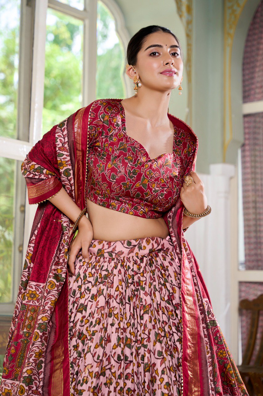 Lorenvalley Maroon Tussar Silk Floral Print with Foil Print Lehenga Choli with Dupatta | Swadesiicart