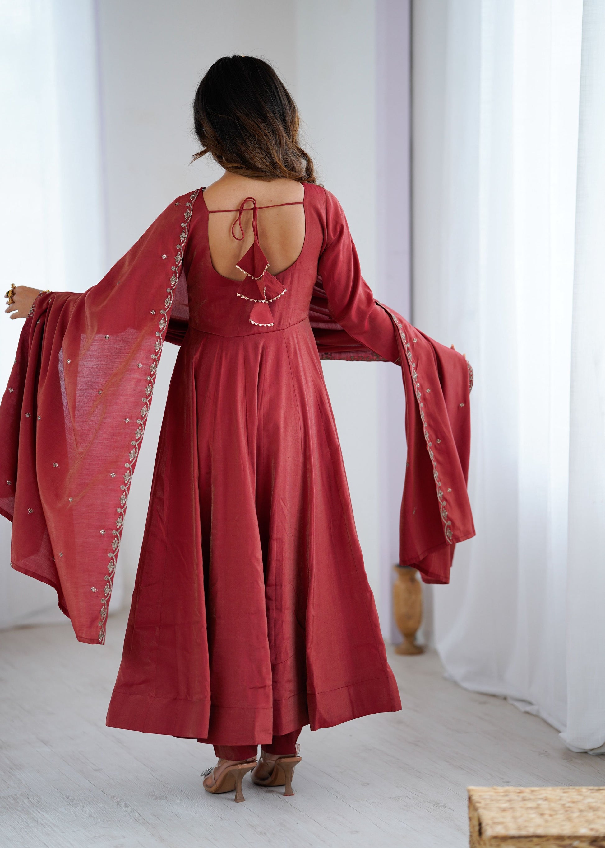 Lorenvalley Fashion Maroon Roman Shimmer Chanderi Silk Yoke Fancy Handwork Beads Work Anarkali Kurta Pant With Dupatta Set - Swadesiicart