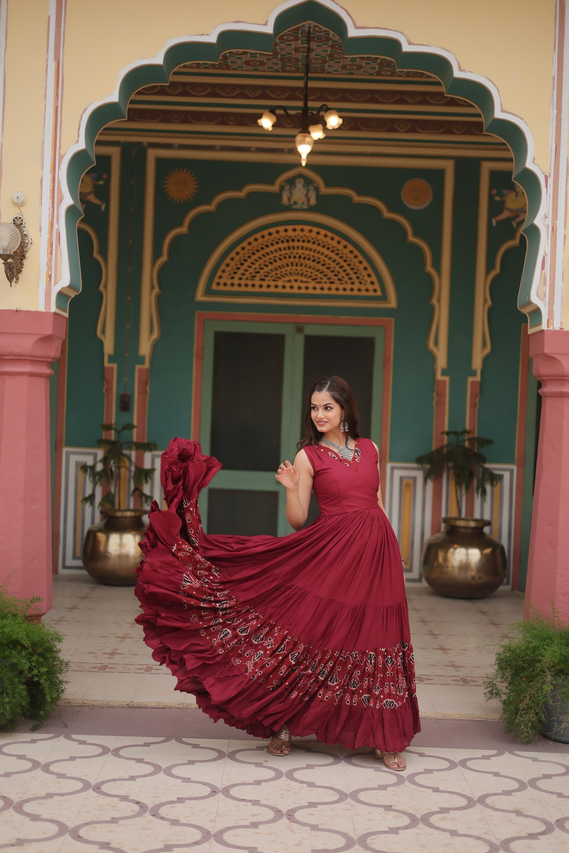 Lorenvalley Maroon Rayon Fabric with Printed Attached In Frill And Neck Gown | Swadesiicart
