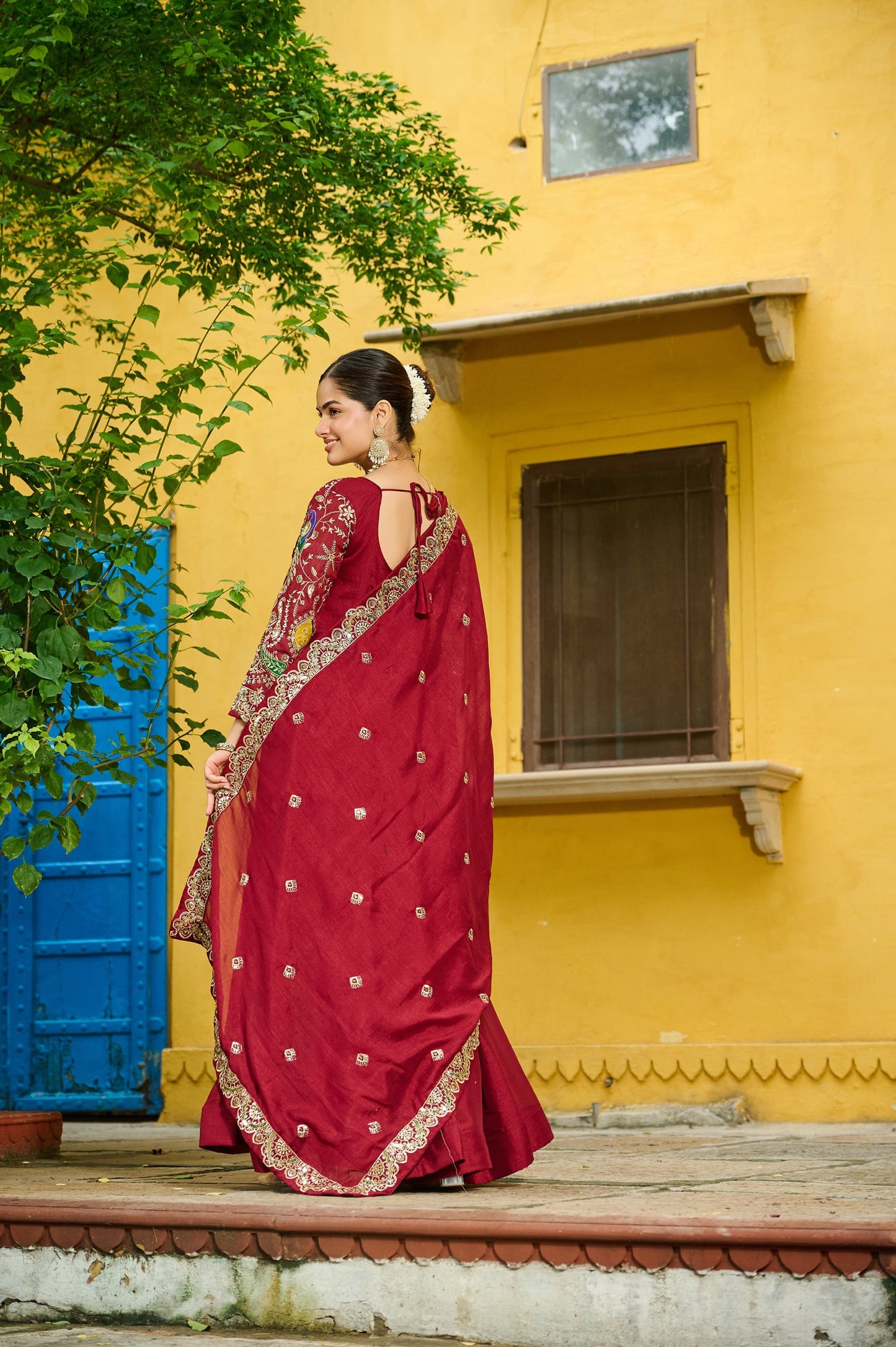 Lorenvalley Fashion Maroon Vichitra Silk with Multi Thread & Embroidered work Anarkali Gown with Dupatta - Swadesiicart