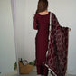 Lorenvalley Maroon Rangoli Silk Embroidery Sequence And Thread Work Kurta Trousers with Dupatta Set | Swadesiicart