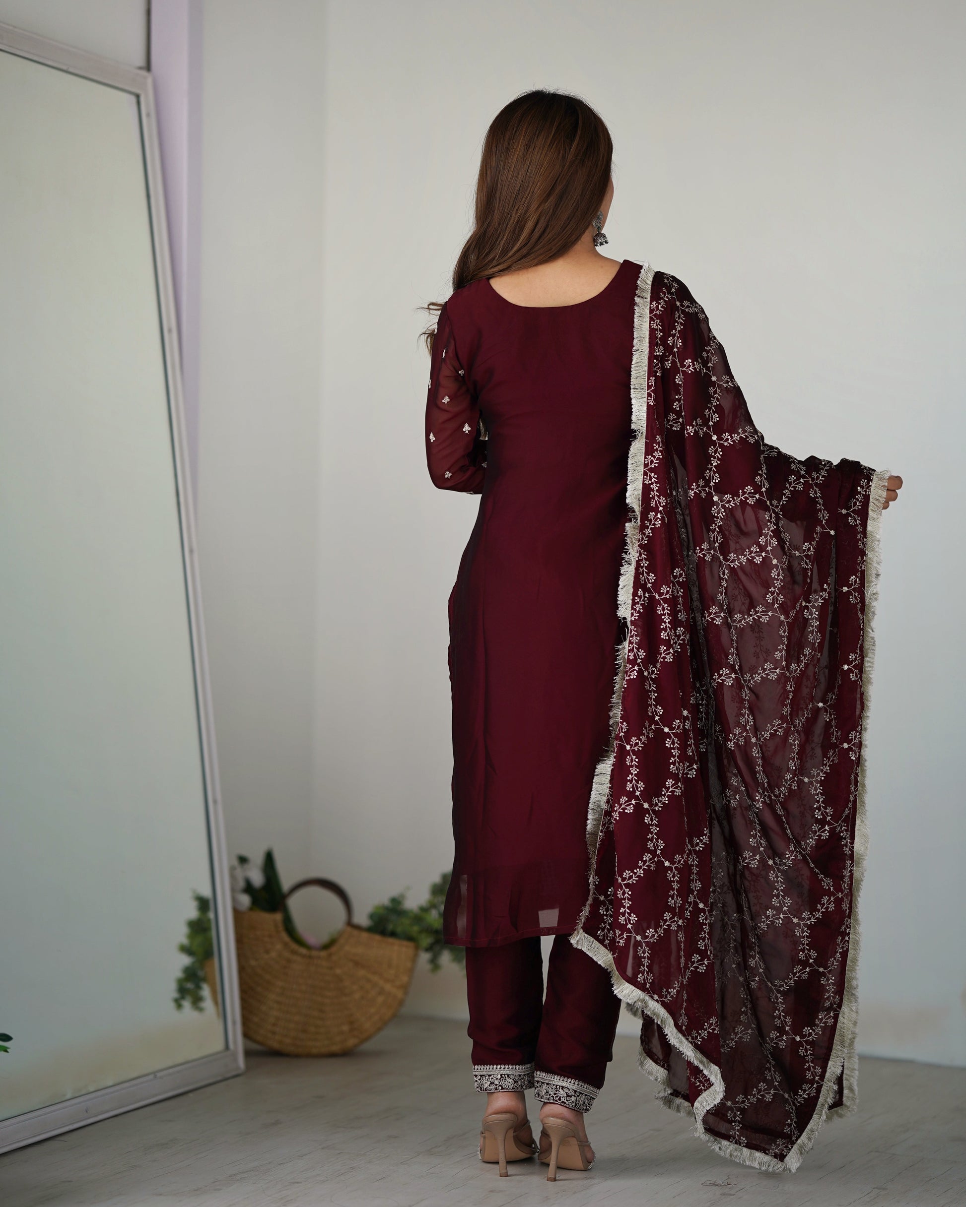 Lorenvalley Maroon Rangoli Silk Embroidery Sequence And Thread Work Kurta Trousers with Dupatta Set | Swadesiicart
