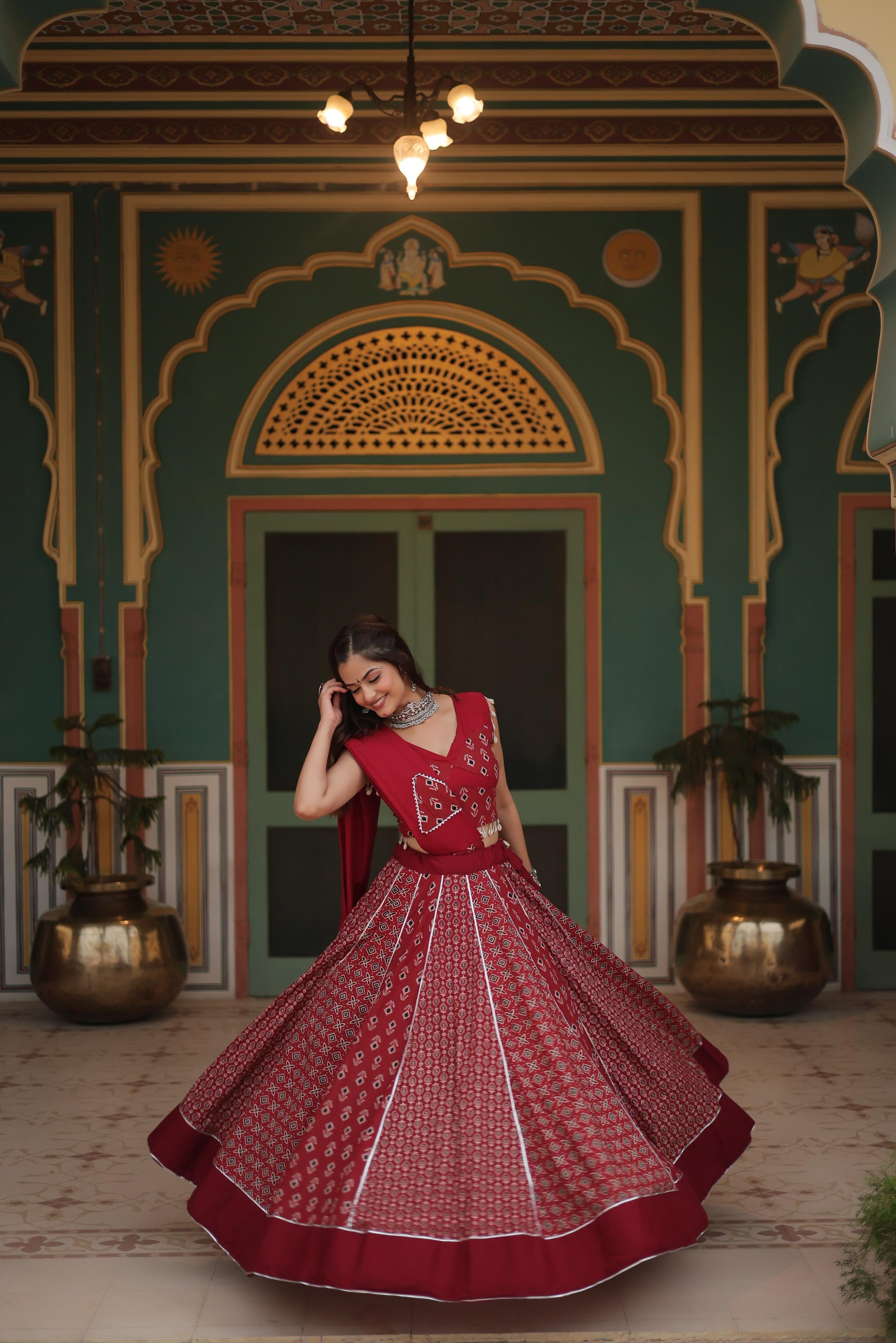 Lorenvalley Maroon Rayon Gota Patti Lace Printed Kali Pattern Lehenga Choli with Dupatta | Swadesiicart