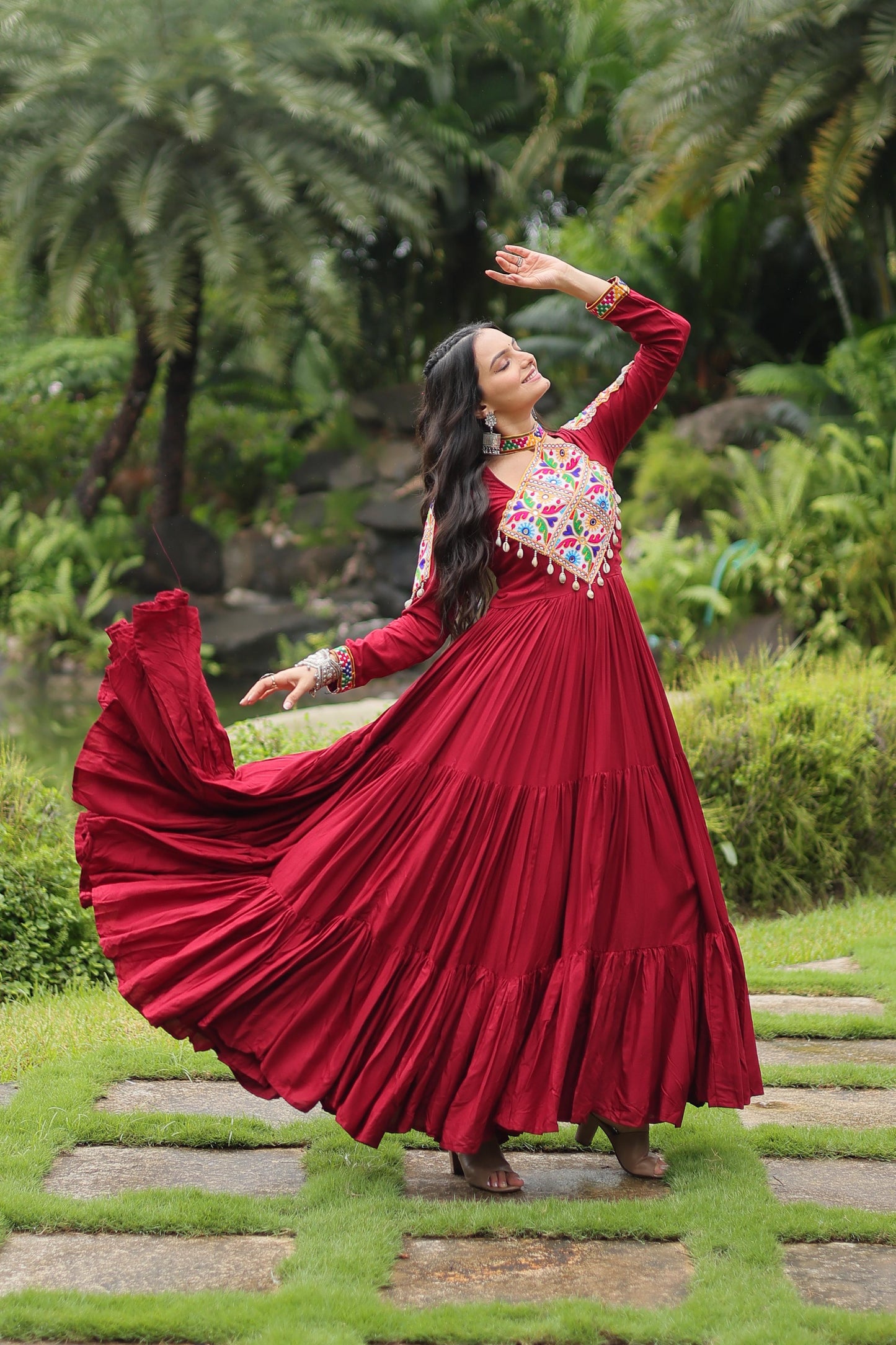 Lorenvalley Maroon Rayon Fabric with Kutchi Gamthi work Gown | Swadesiicart