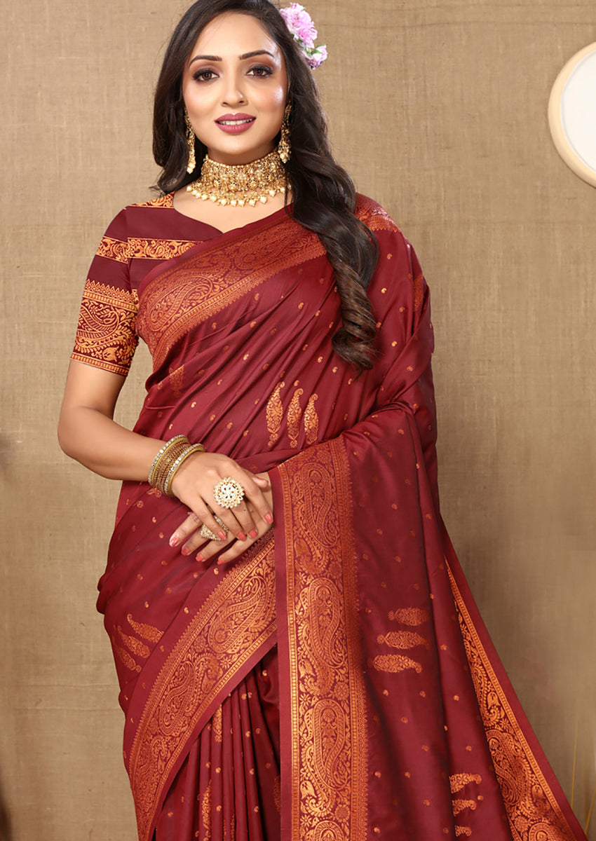Lorenvalley Fashion Maroon Soft Silk Copper Zari weaving Design Saree - Swadesiicart
