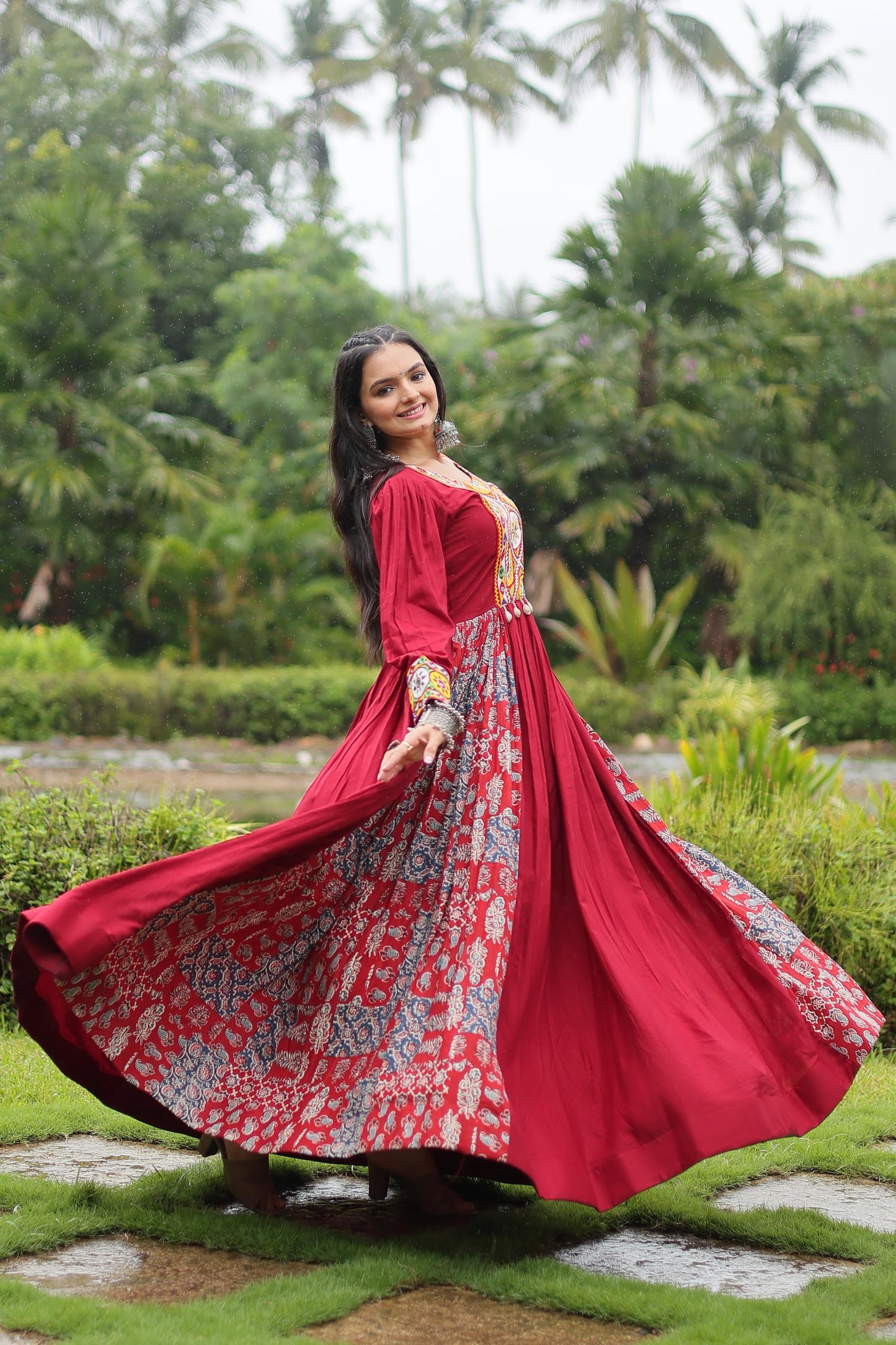 Lorenvalley Maroon Rayon Contrast of Printed with Kutchi Gamthi work Gown | Swadesiicart