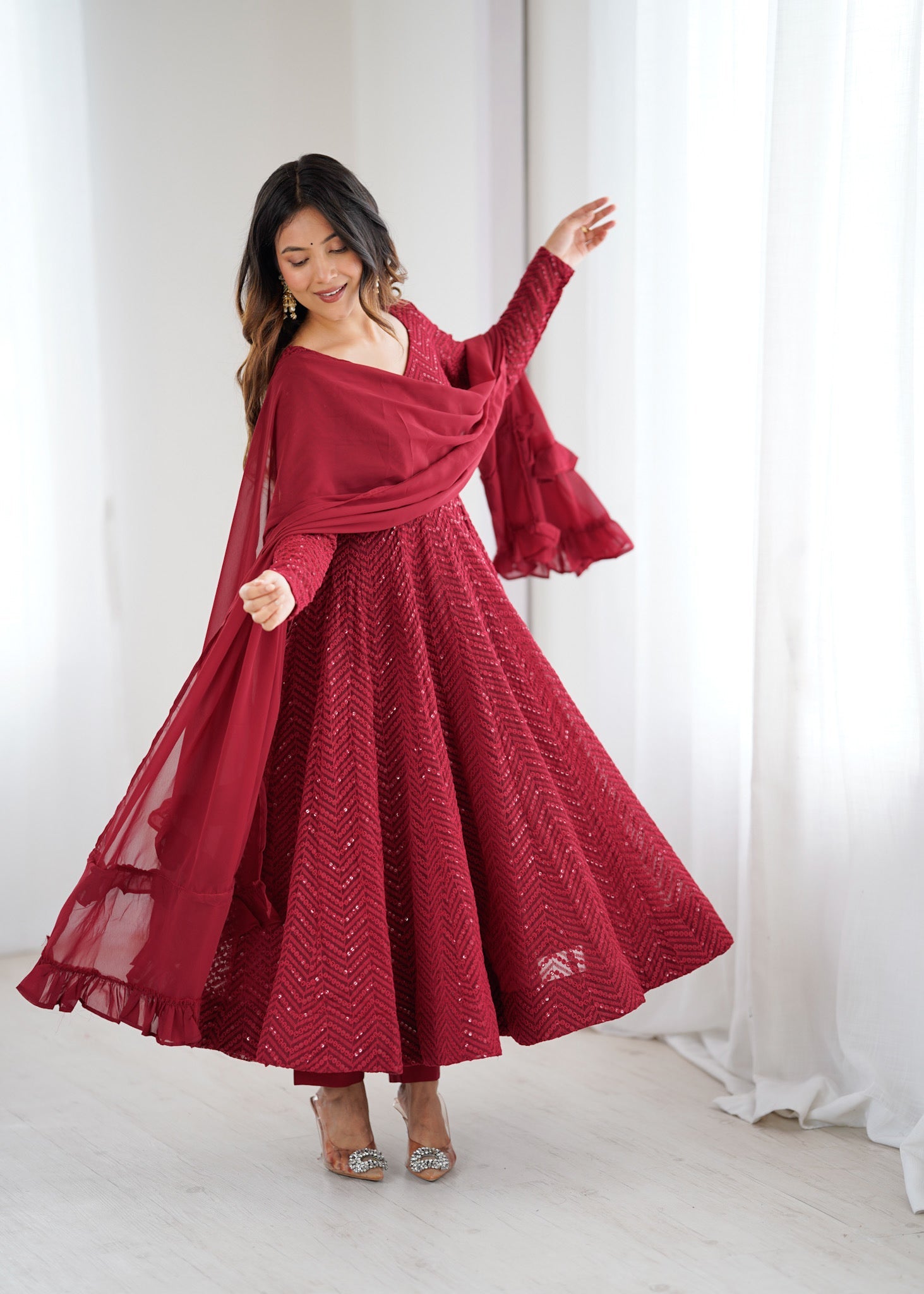 Lorenvalley Fashion Maroon Faux Georgette Lukhnowi Sequence Work Anarkali Kurta Pant With Dupatta Set - Swadesiicart
