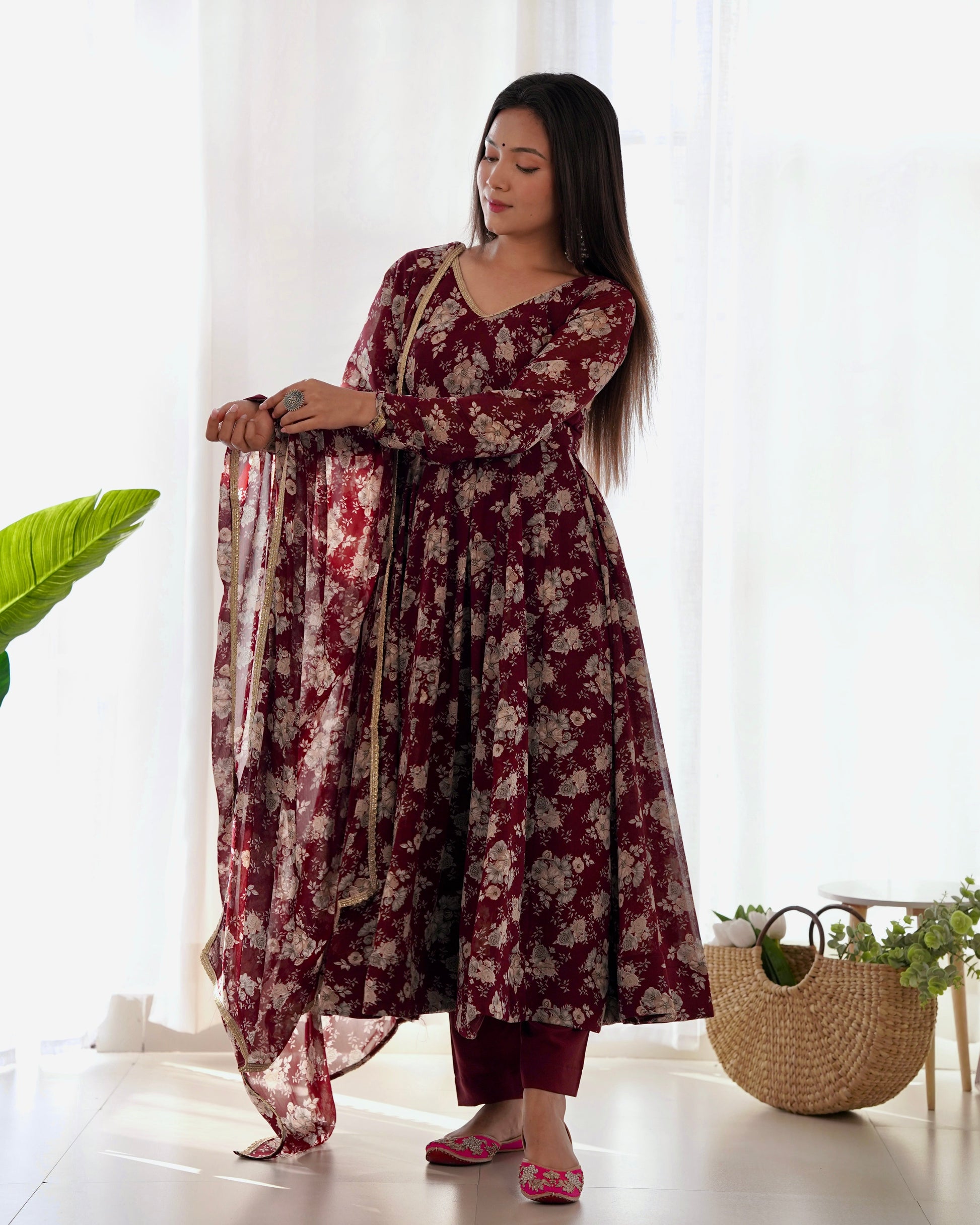 Lorenvalley Pure Faux Georgette Multi Floral Print Fully Flared Anarkali Pant With Dupatta Set - Maroon | Swadesiicart