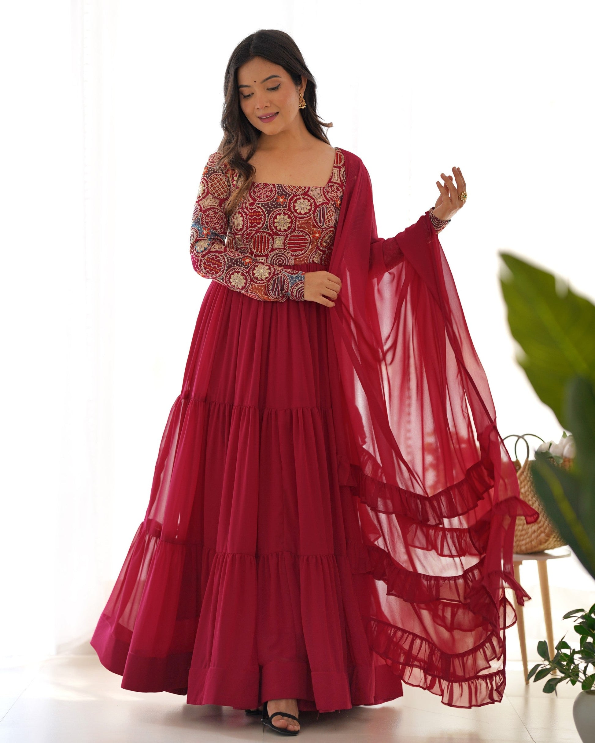 Lorenvalley Fashion Maroon Faux Georgette Embroidery 9 Needle Thread Work Anarkali Pant with Dupatta - Swadesiicart