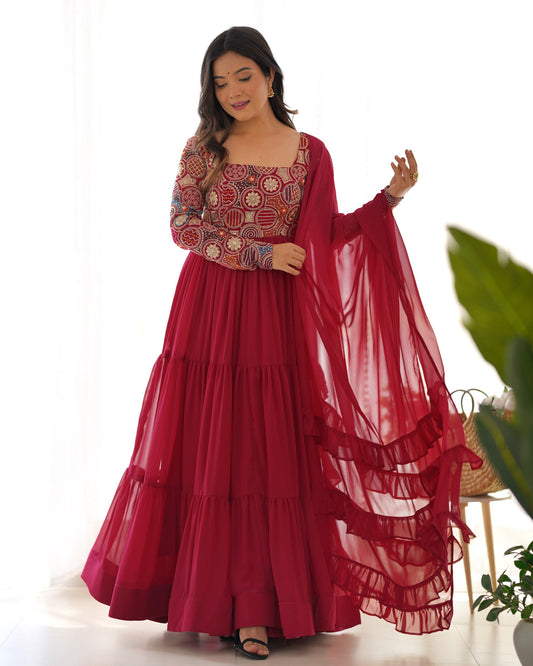 Lorenvalley Fashion Maroon Faux Georgette Embroidery 9 Needle Thread Work Anarkali Pant with Dupatta - Swadesiicart