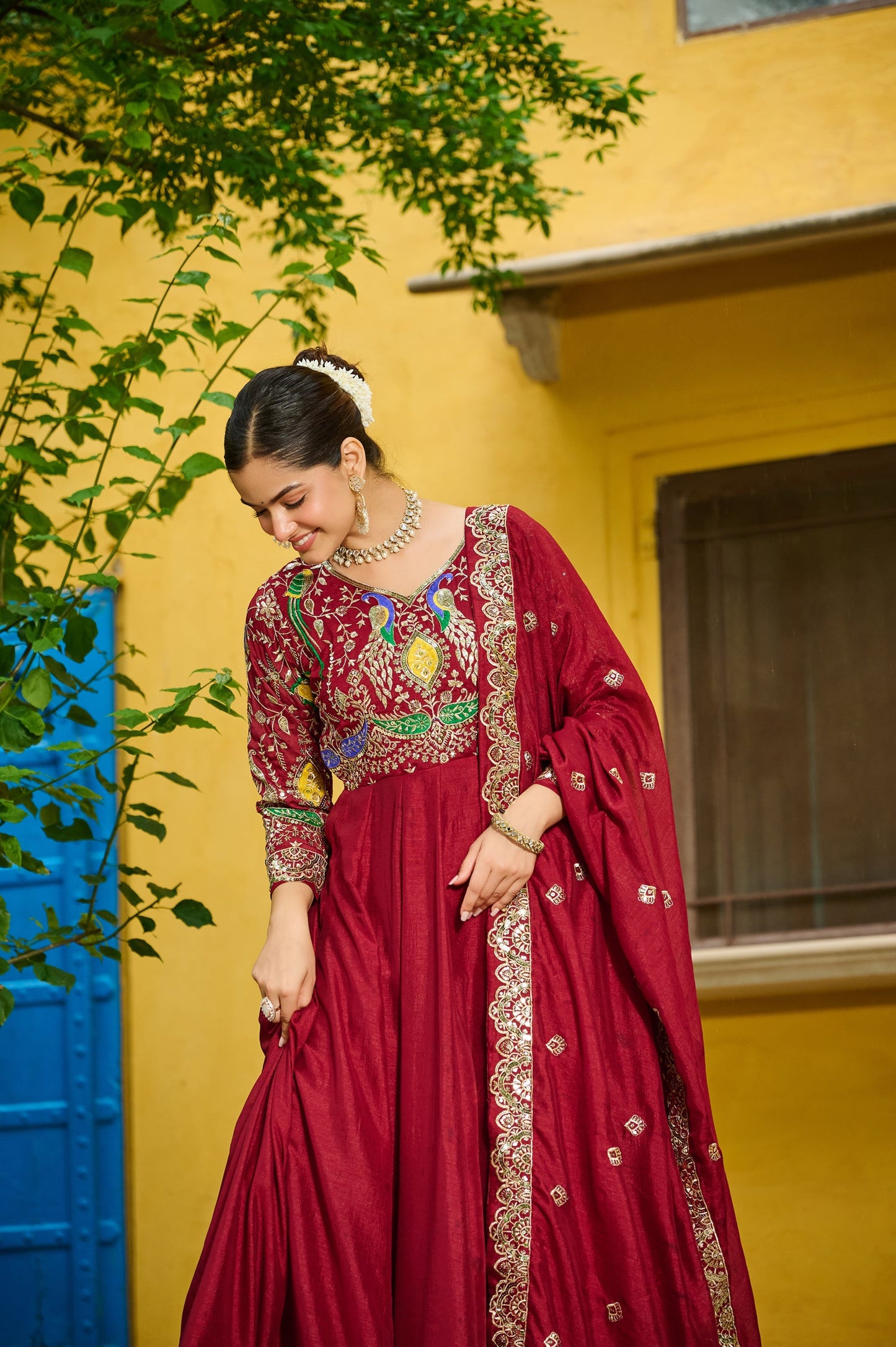Lorenvalley Fashion Maroon Vichitra Silk with Multi Thread & Embroidered work Anarkali Gown with Dupatta - Swadesiicart