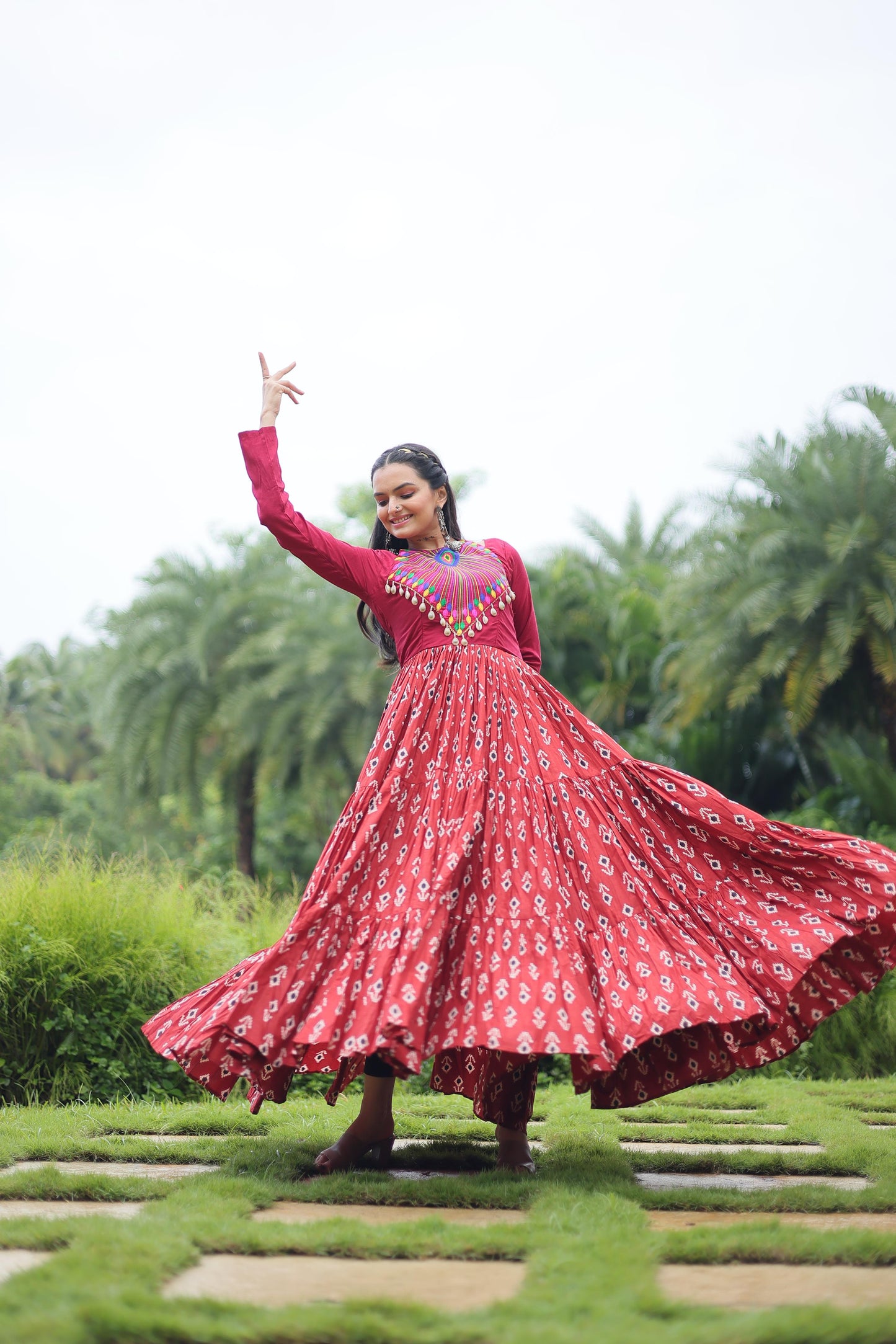Lorenvalley Maroon Cotton Printed With Kutchi Gamthi Work and Kodi Lace Gown | Swadesiicart