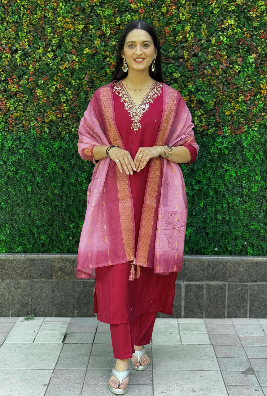 Lorenvalley Fashion Maroon Roman Silk Hand Work Kurta Pant with Dupatta - Swadesiicart