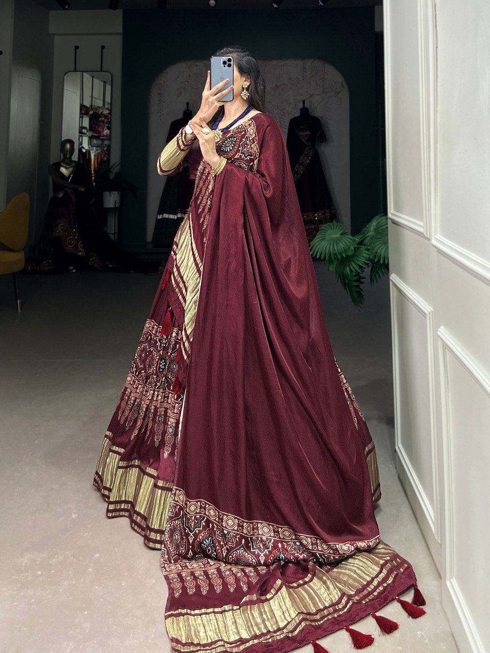 Lorenvalley Maroon Gaji Silk Digital Print With Lagadi Patta Lehenga Choli with Dupatta | Swadesiicart